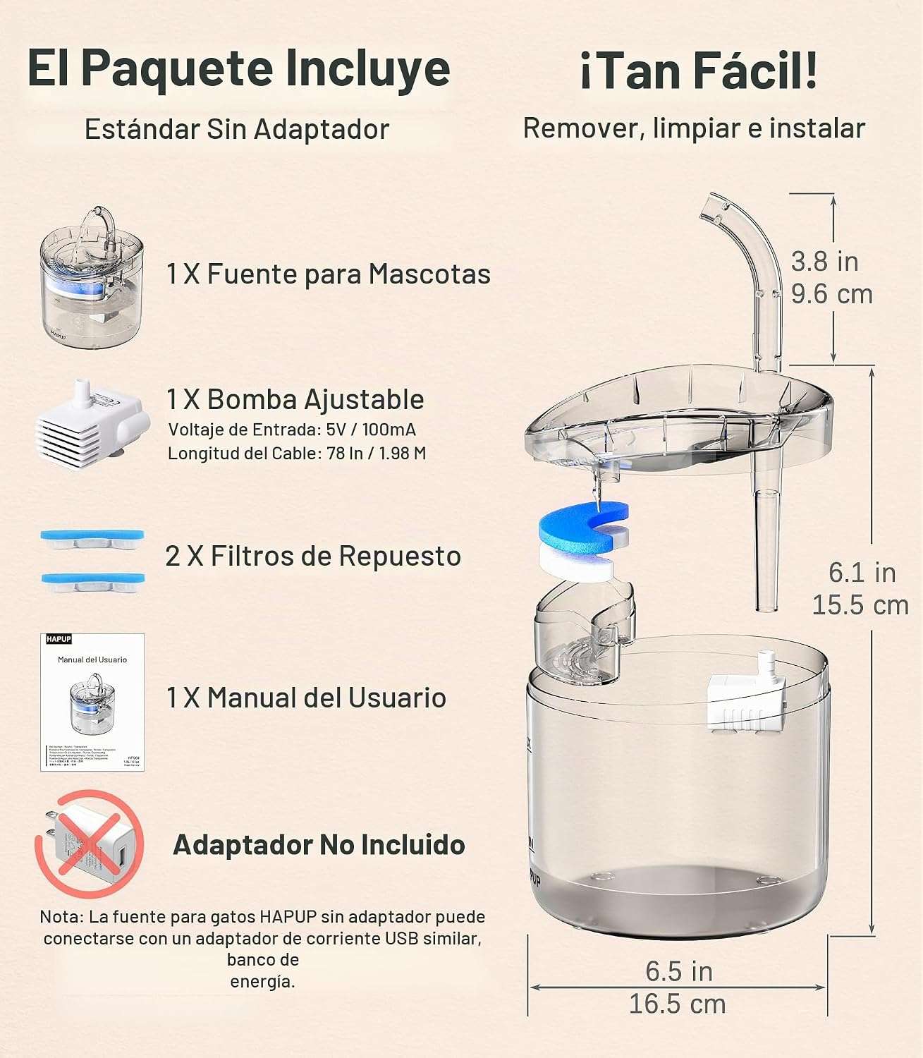 Fuente de agua automática de 1.8 litros con sistema de filtración múltiple para mascotas.