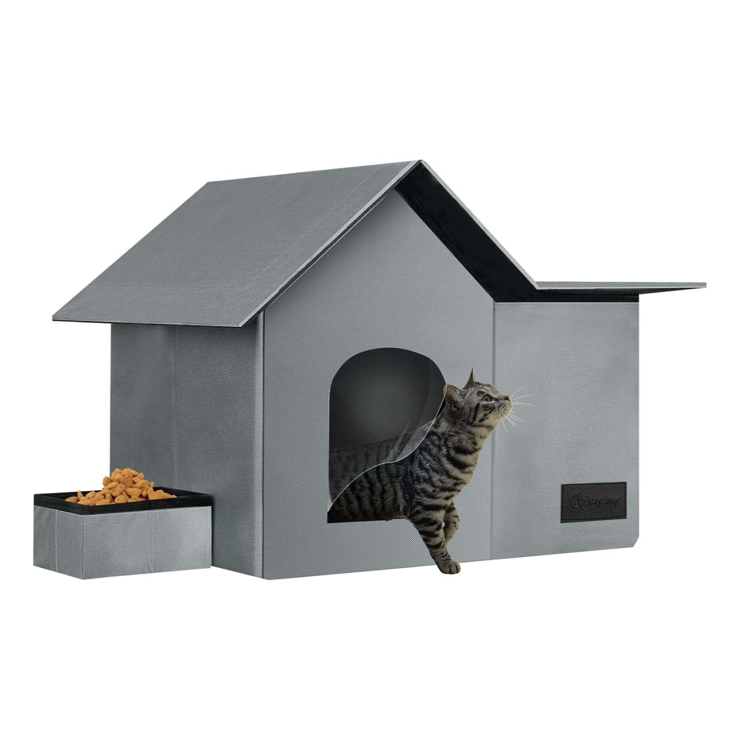 Casa para gatos de exterior resistente al clima con techo impermeable y tazon de alimentacion extraible.