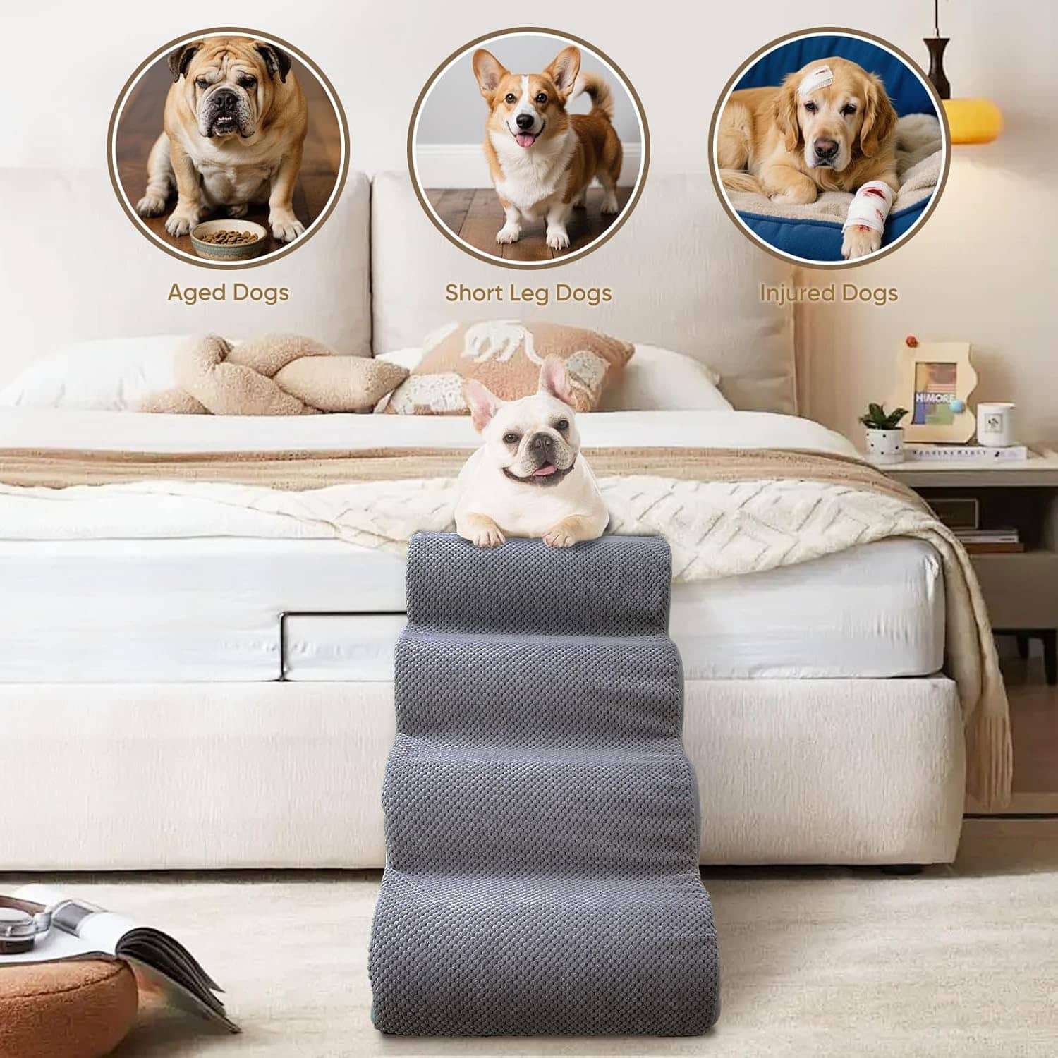 Escalera de espuma de cuatro escalones para perros y gatos con base antideslizante y funda lavable