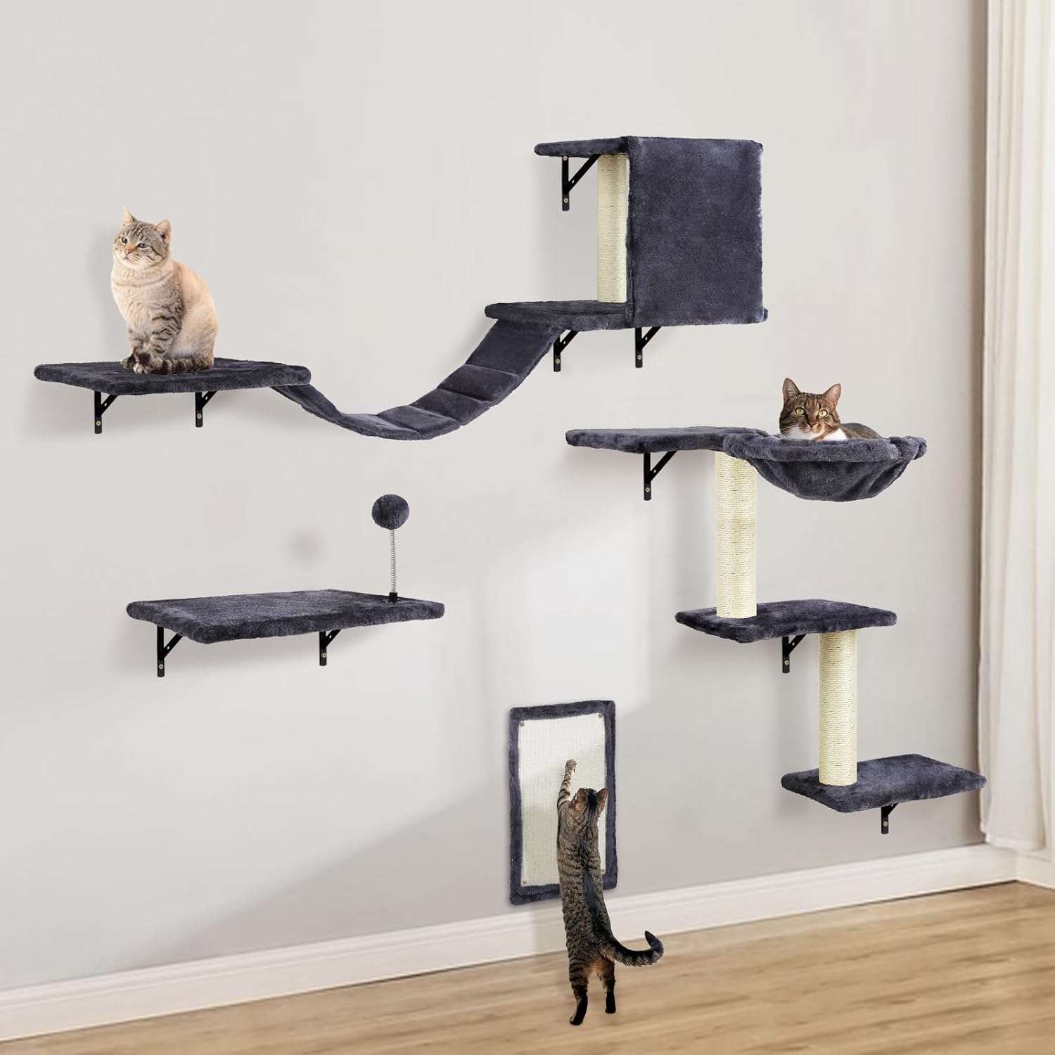 Juego de estantes de pared de madera para gatos con escalera perchas rascador y casa.