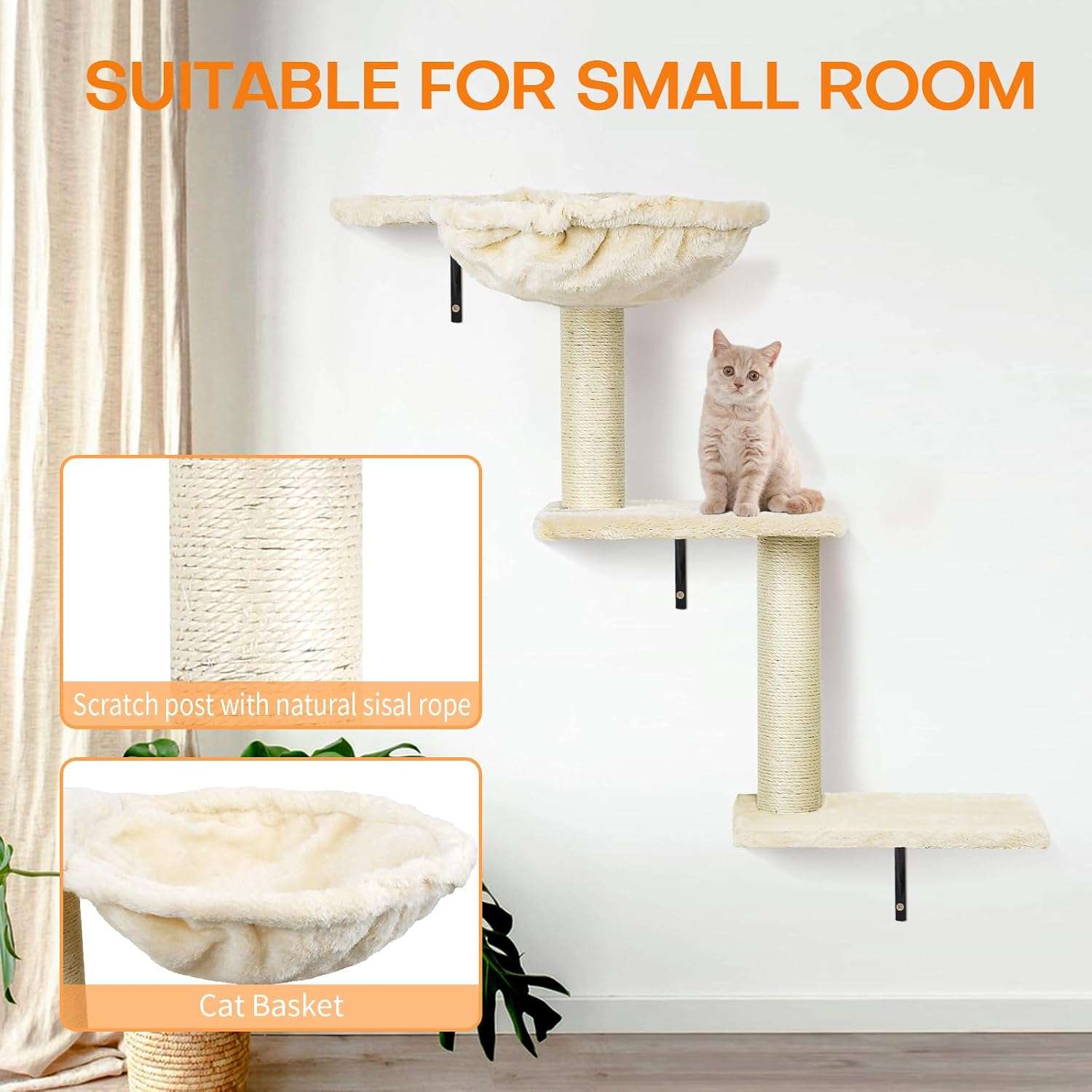 Juego de estantes de pared de madera para gatos con escalera perchas rascador y casa.