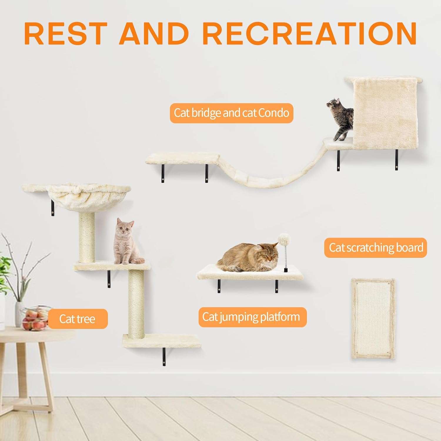 Juego de estantes de pared de madera para gatos con escalera perchas rascador y casa.