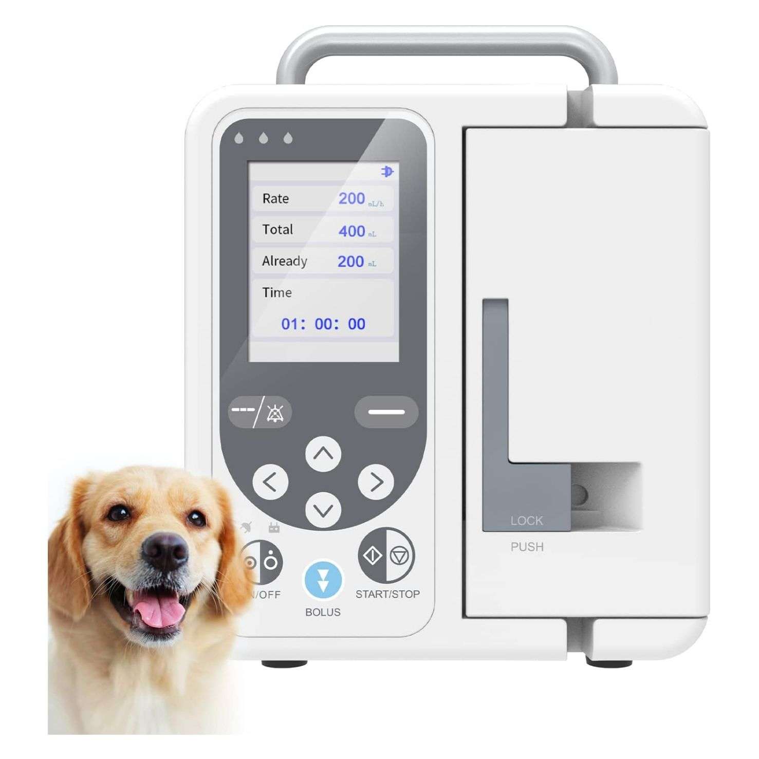Bomba de infusión intravenosa digital con pantalla LCD TFT y sistema anti-bolus.