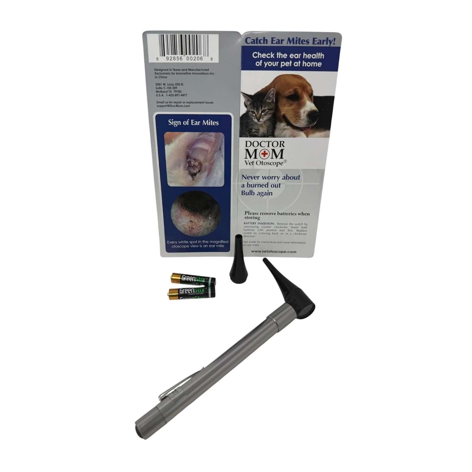 Espéculo veterinario extra largo con óptica cristalina y bombilla de larga duración.