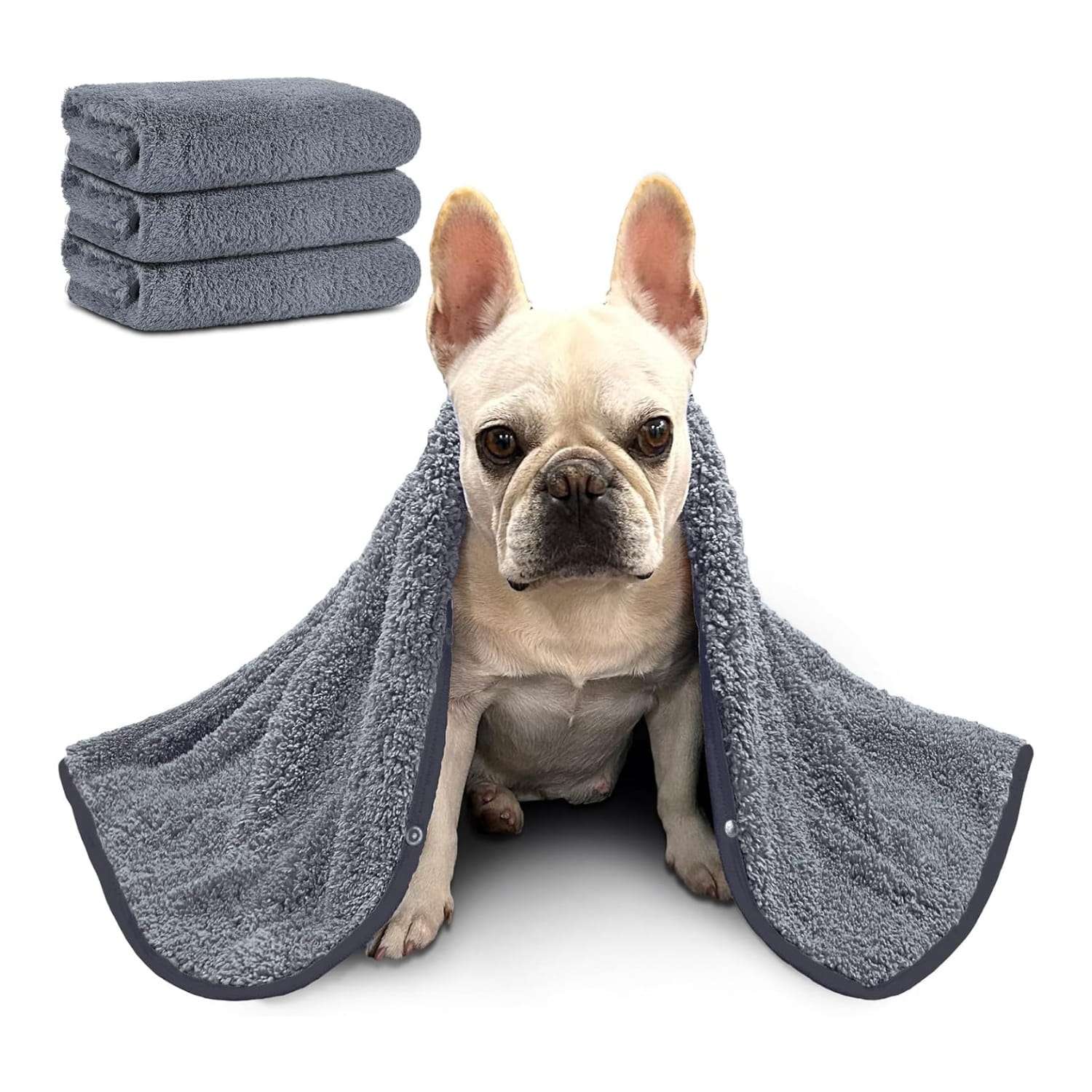 Pack de tres toallas de secado rápido y bata de baño ajustable para perros.