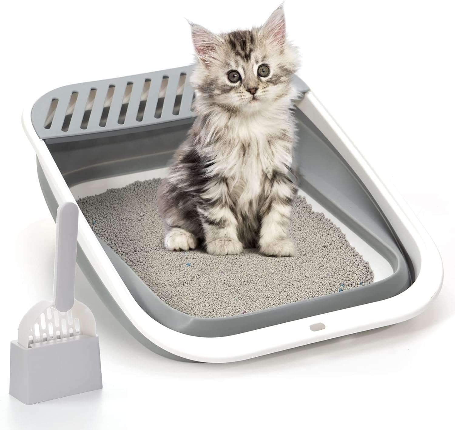 caja de arena plegable para gatos con altura ajustable y soporte para cuchara, diseño portátil y fácil de limpiar