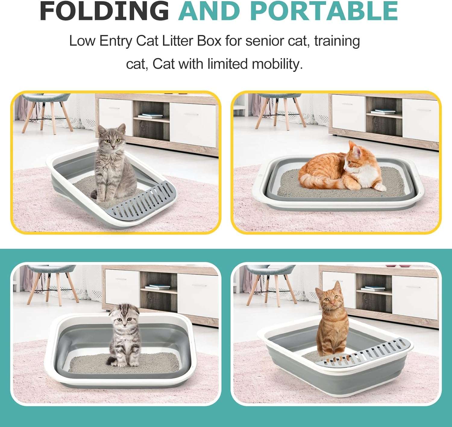 caja de arena plegable para gatos con altura ajustable y soporte para cuchara, diseño portátil y fácil de limpiar