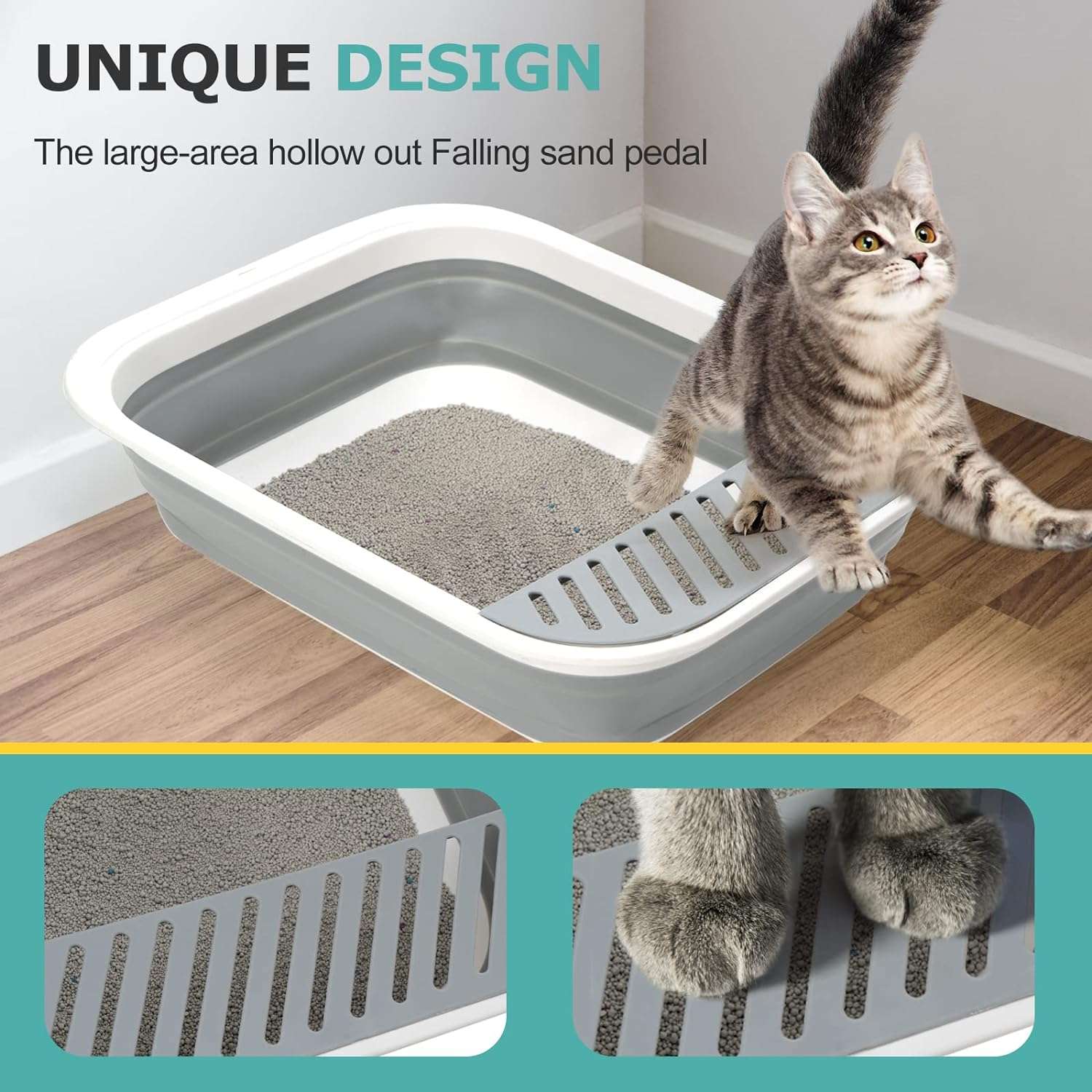 caja de arena plegable para gatos con altura ajustable y soporte para cuchara, diseño portátil y fácil de limpiar