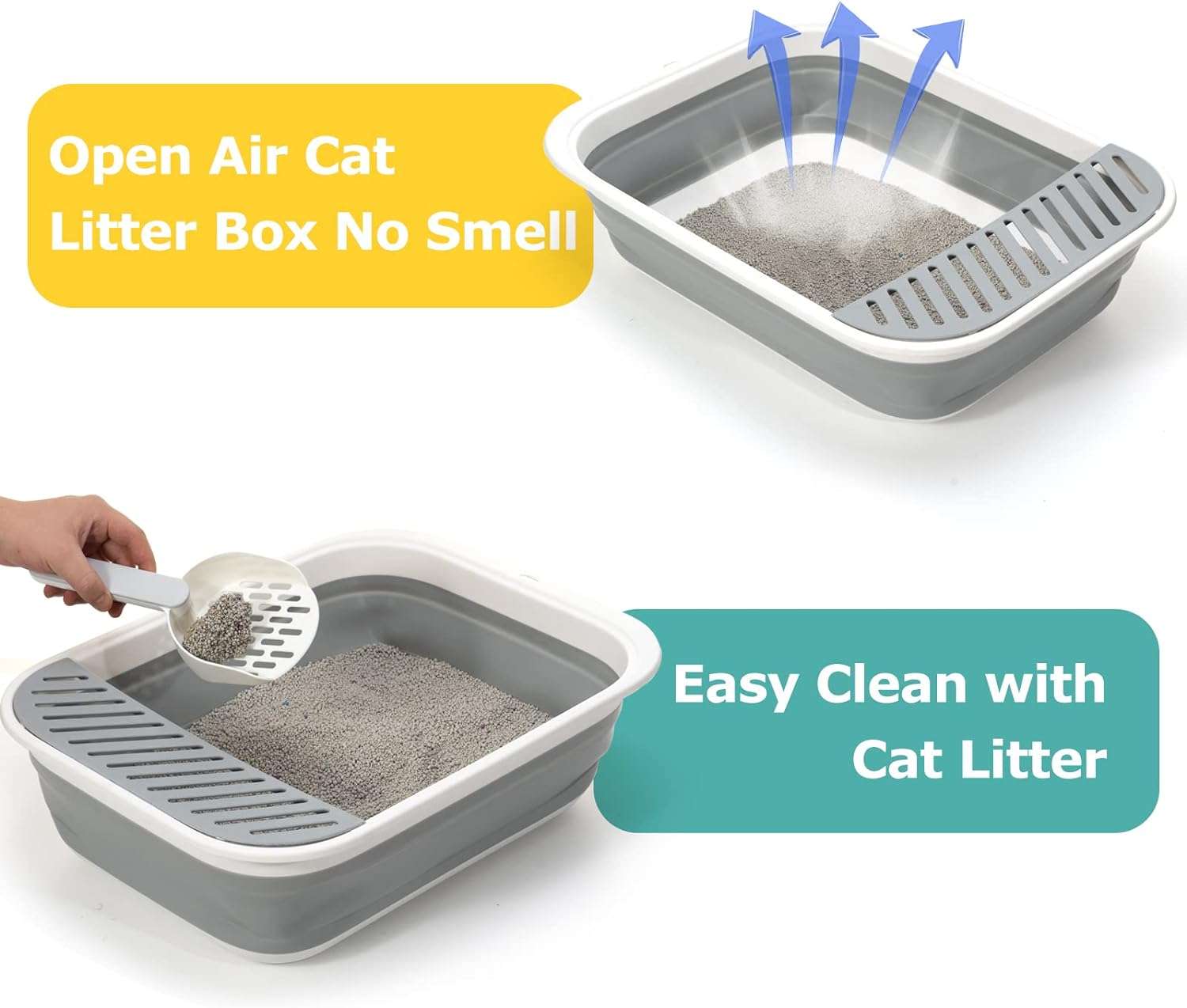 caja de arena plegable para gatos con altura ajustable y soporte para cuchara, diseño portátil y fácil de limpiar