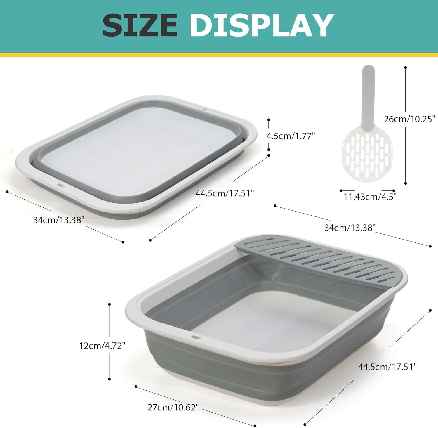 caja de arena plegable para gatos con altura ajustable y soporte para cuchara, diseño portátil y fácil de limpiar