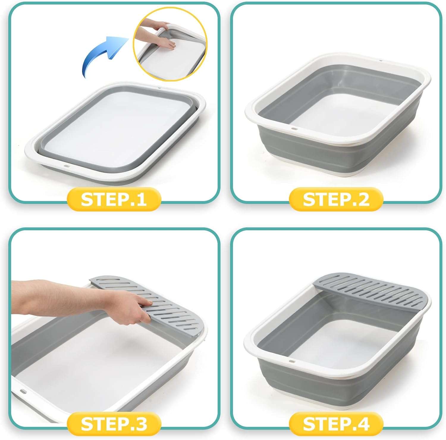 caja de arena plegable para gatos con altura ajustable y soporte para cuchara, diseño portátil y fácil de limpiar