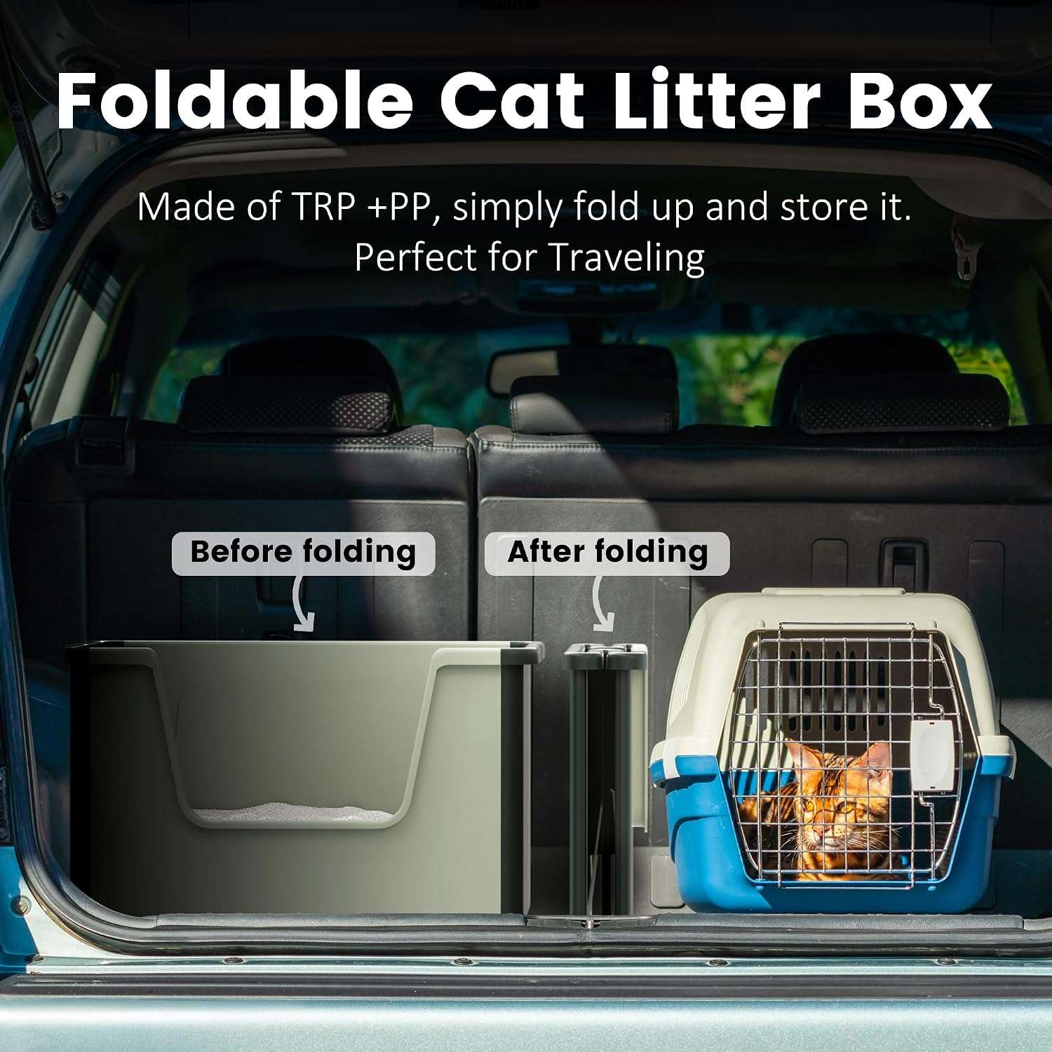 caja de arena plegable y portátil para gatos con entrada baja y diseño antisalpicaduras, ideal para viajes