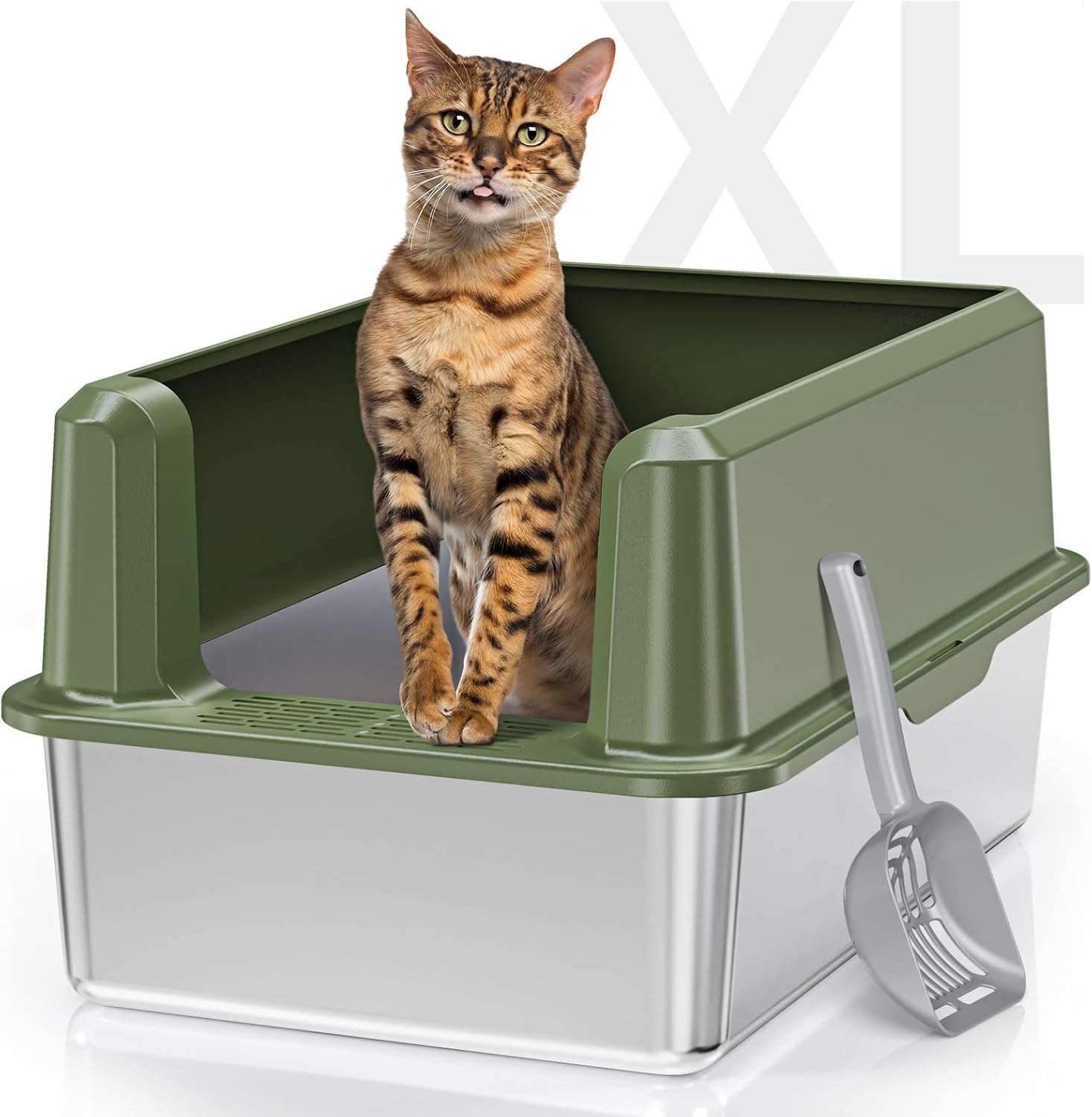 caja de arena de acero inoxidable para gatos tamaño xl con paredes altas y tapa para evitar salpicaduras