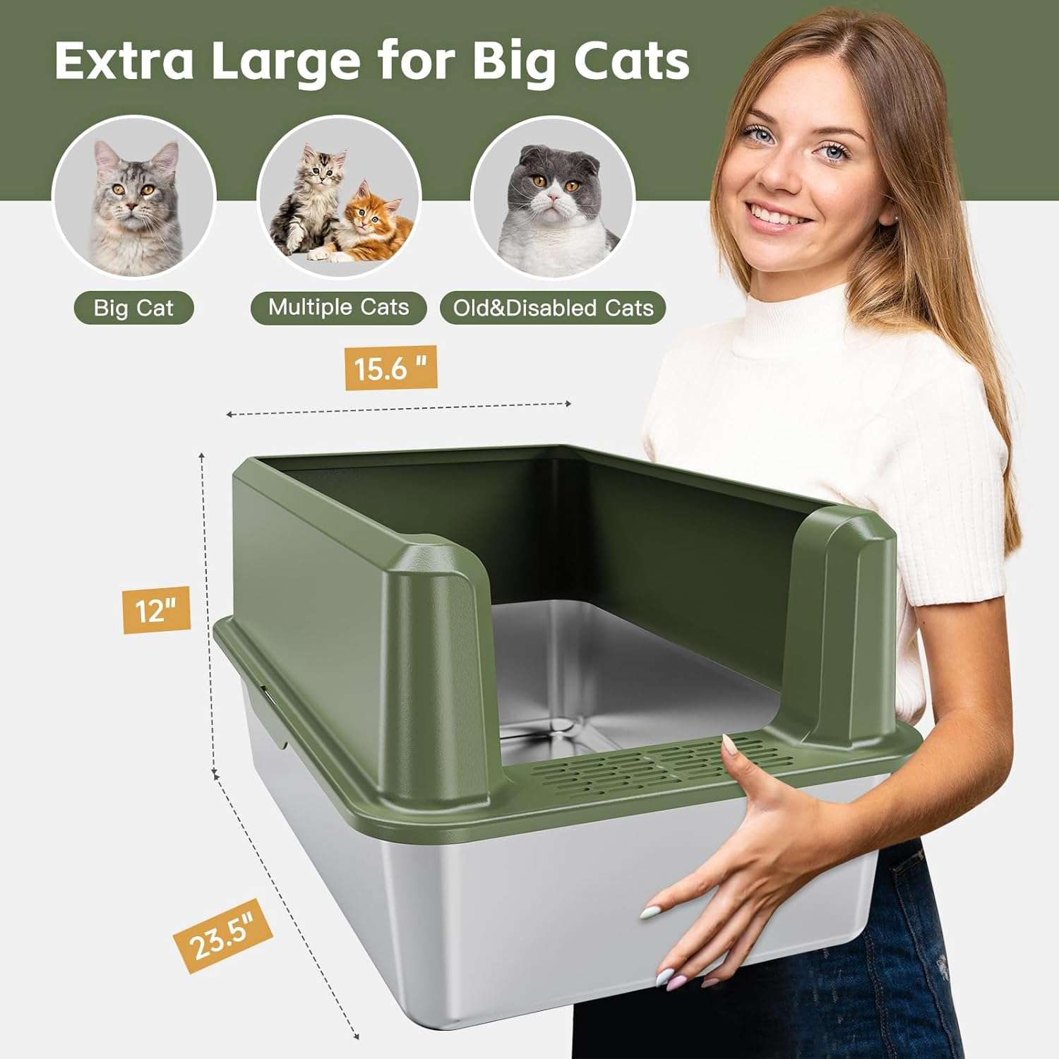 caja de arena de acero inoxidable para gatos tamaño xl con paredes altas y tapa para evitar salpicaduras