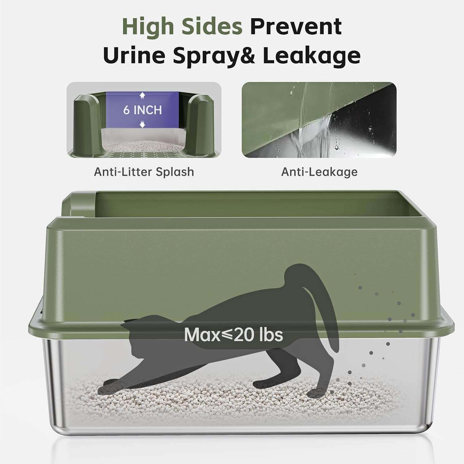 caja de arena de acero inoxidable para gatos tamaño xl con paredes altas y tapa para evitar salpicaduras