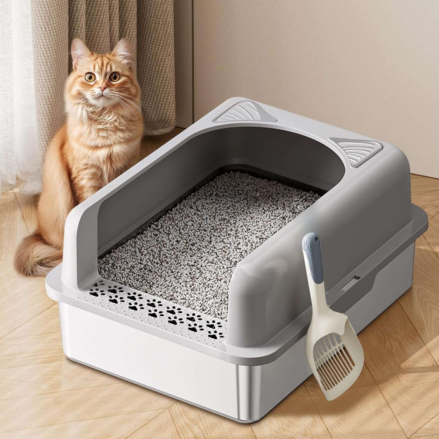 Caja de arena extragrande de acero inoxidable 304 con paredes altas y diseño de orejas de gato.