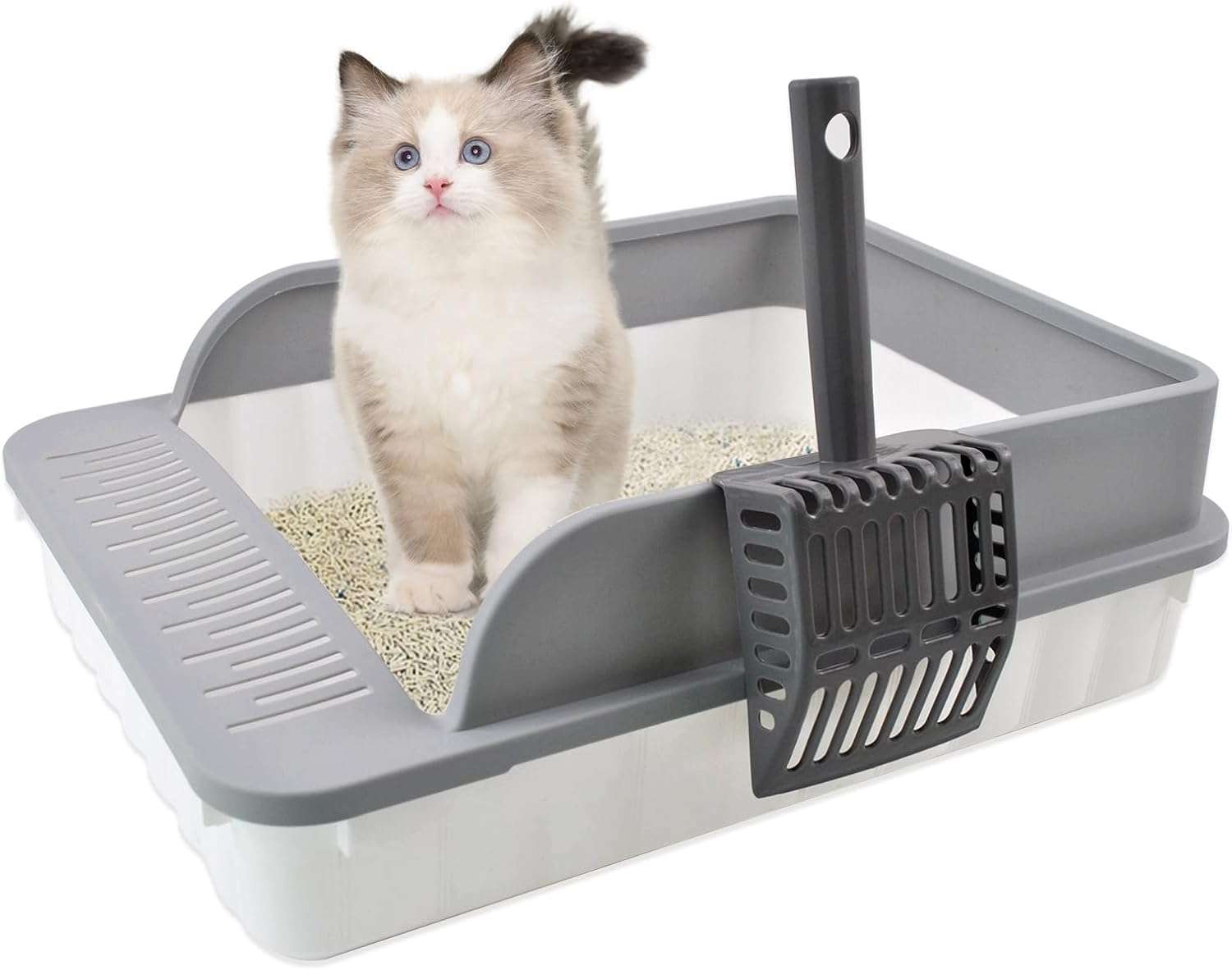 caja de arena abierta con bordes altos para gatos y gatitos, diseño antisalpicaduras con pedal hueco