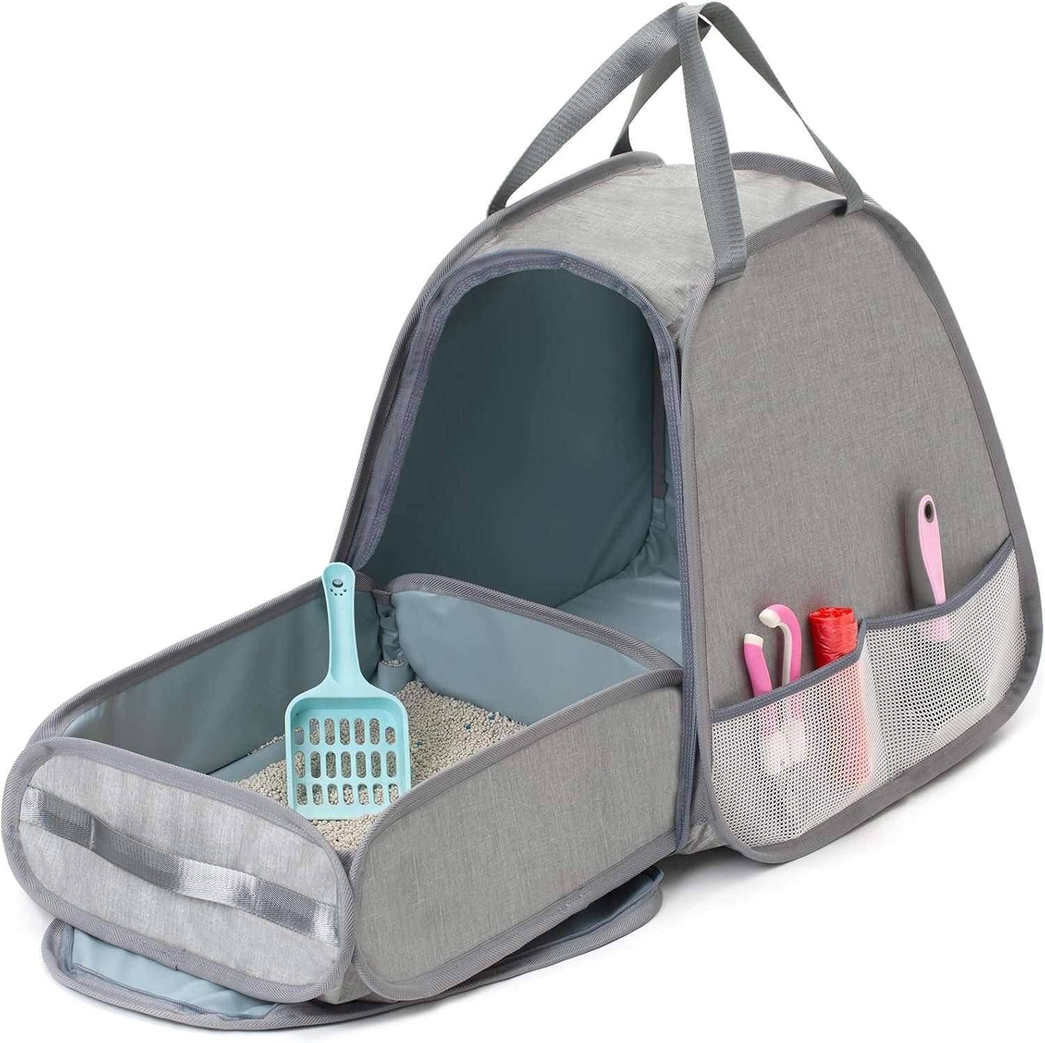 arenero portátil y plegable para gatos en tela oxford impermeable con diseño trapezoidal antivuelcos, ideal para viajes