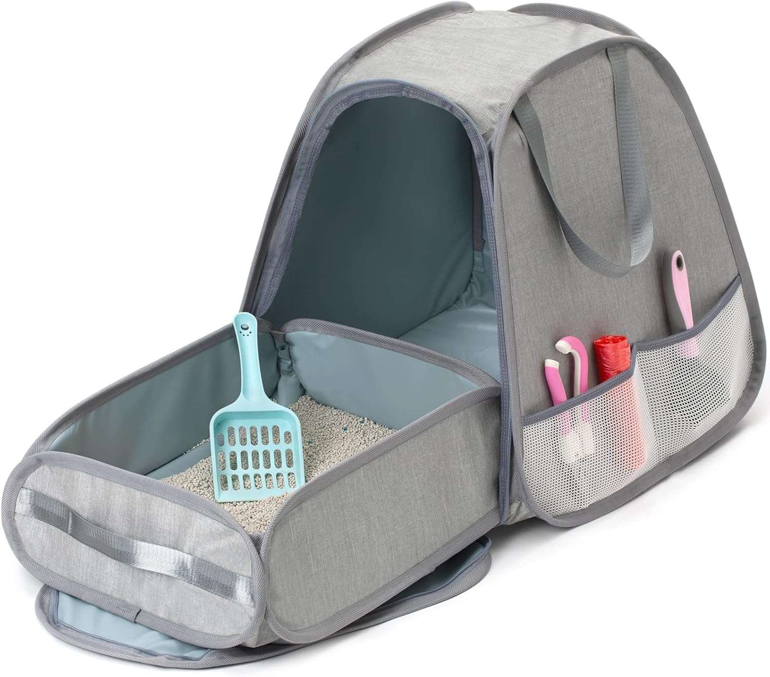 arenero portátil y plegable para gatos en tela oxford impermeable con diseño trapezoidal antivuelcos, ideal para viajes