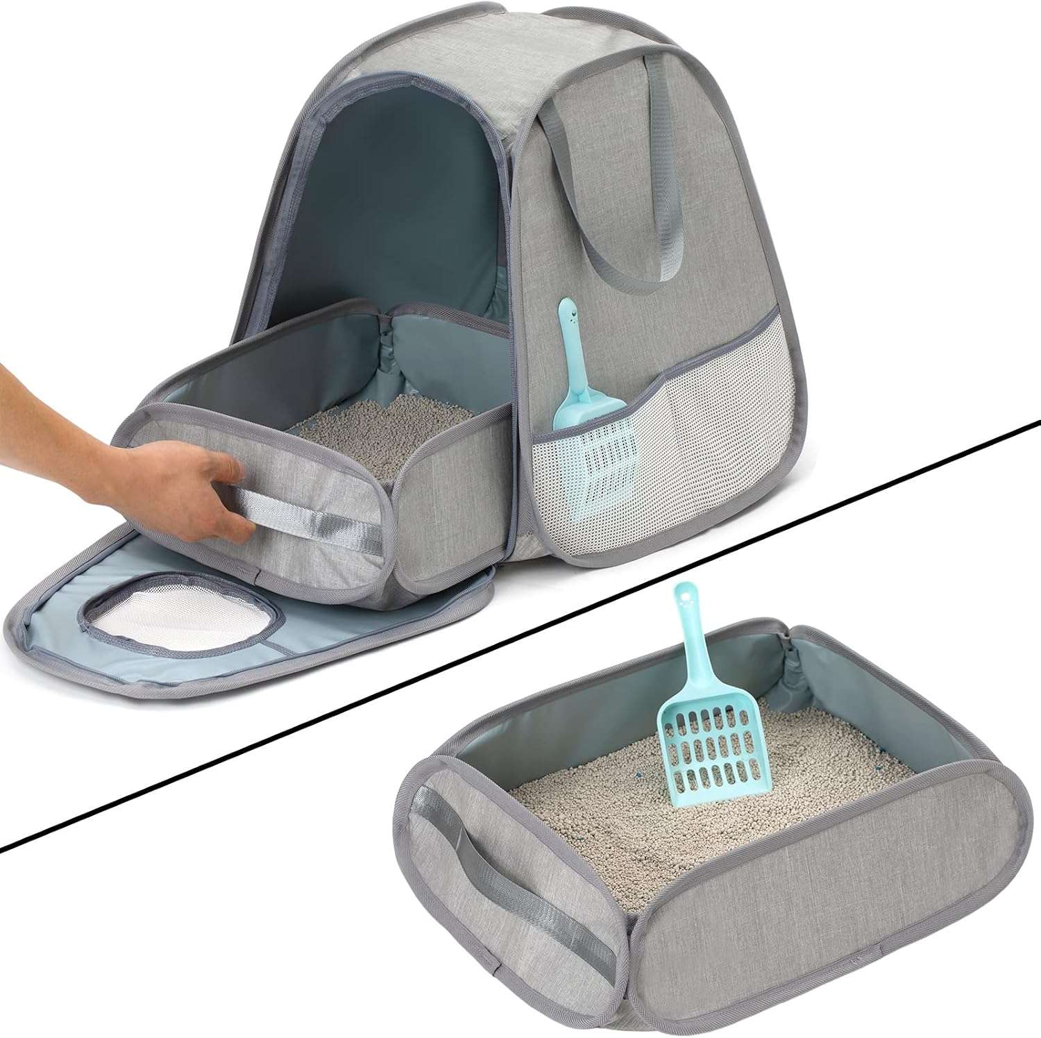 arenero portátil y plegable para gatos en tela oxford impermeable con diseño trapezoidal antivuelcos, ideal para viajes