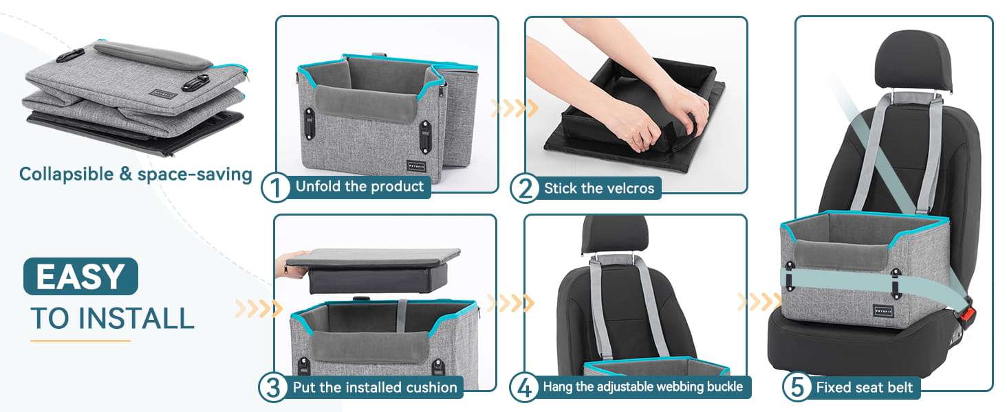 Asiento elevado de auto para perros pequeños con correas de seguridad y forro polar