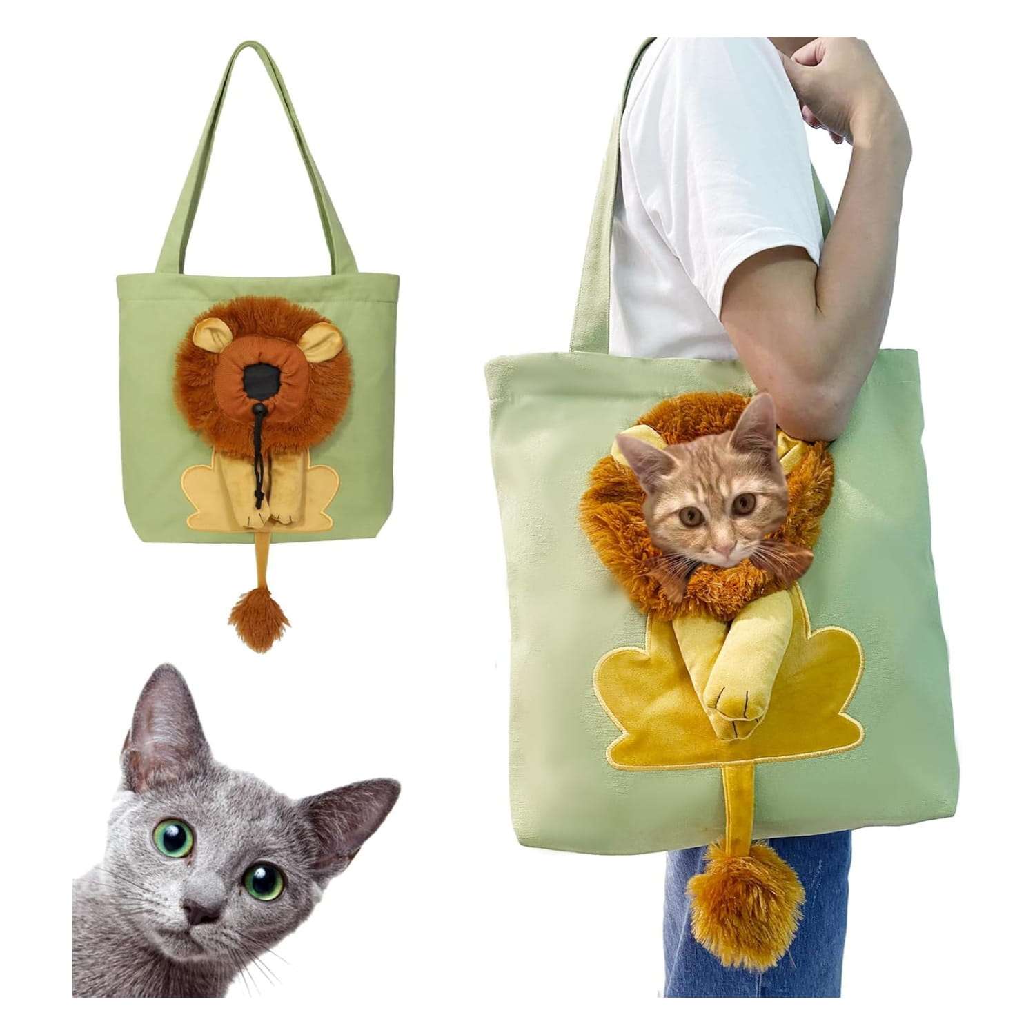 Bolsa de hombro de lona para mascotas con diseno de leon y abertura frontal.