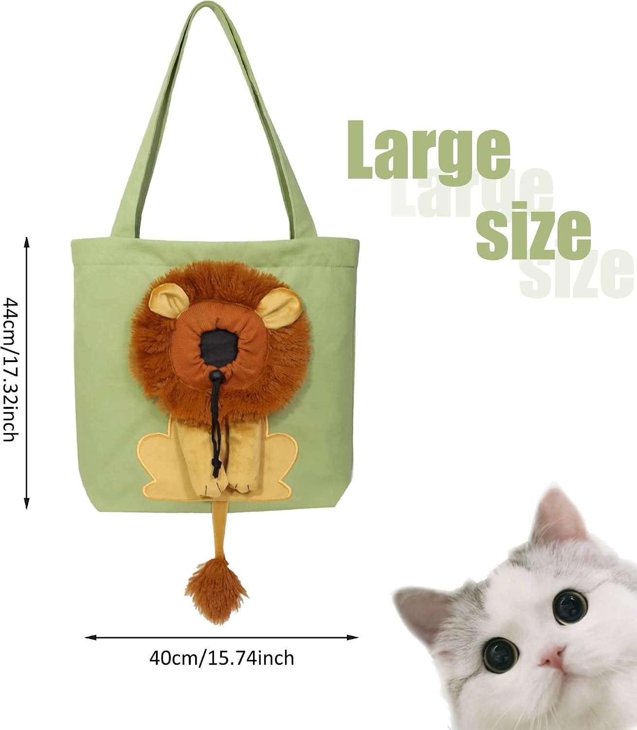 Bolsa de hombro de lona para mascotas con diseno de leon y abertura frontal.