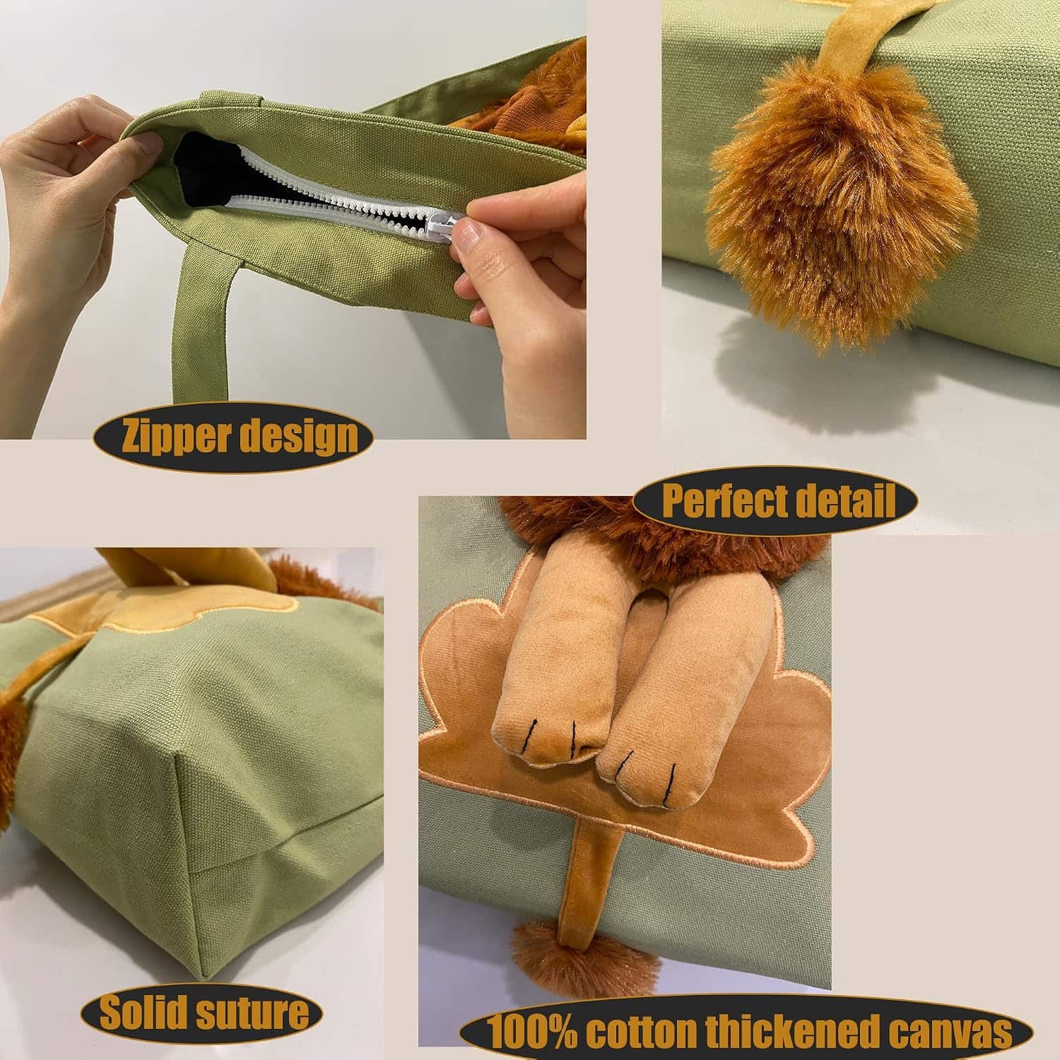 Bolsa de hombro de lona para mascotas con diseno de leon y abertura frontal.