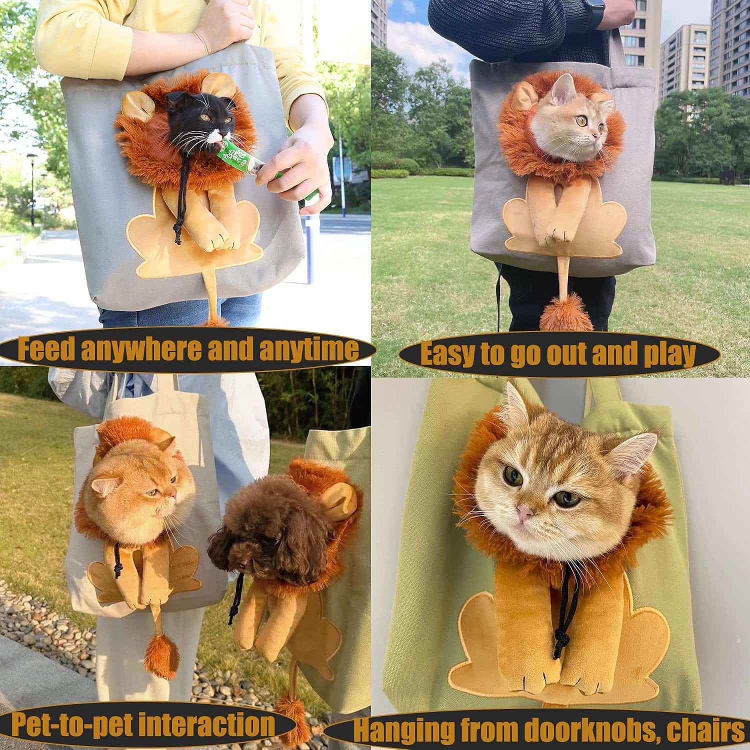 Bolsa de hombro de lona para mascotas con diseno de leon y abertura frontal.