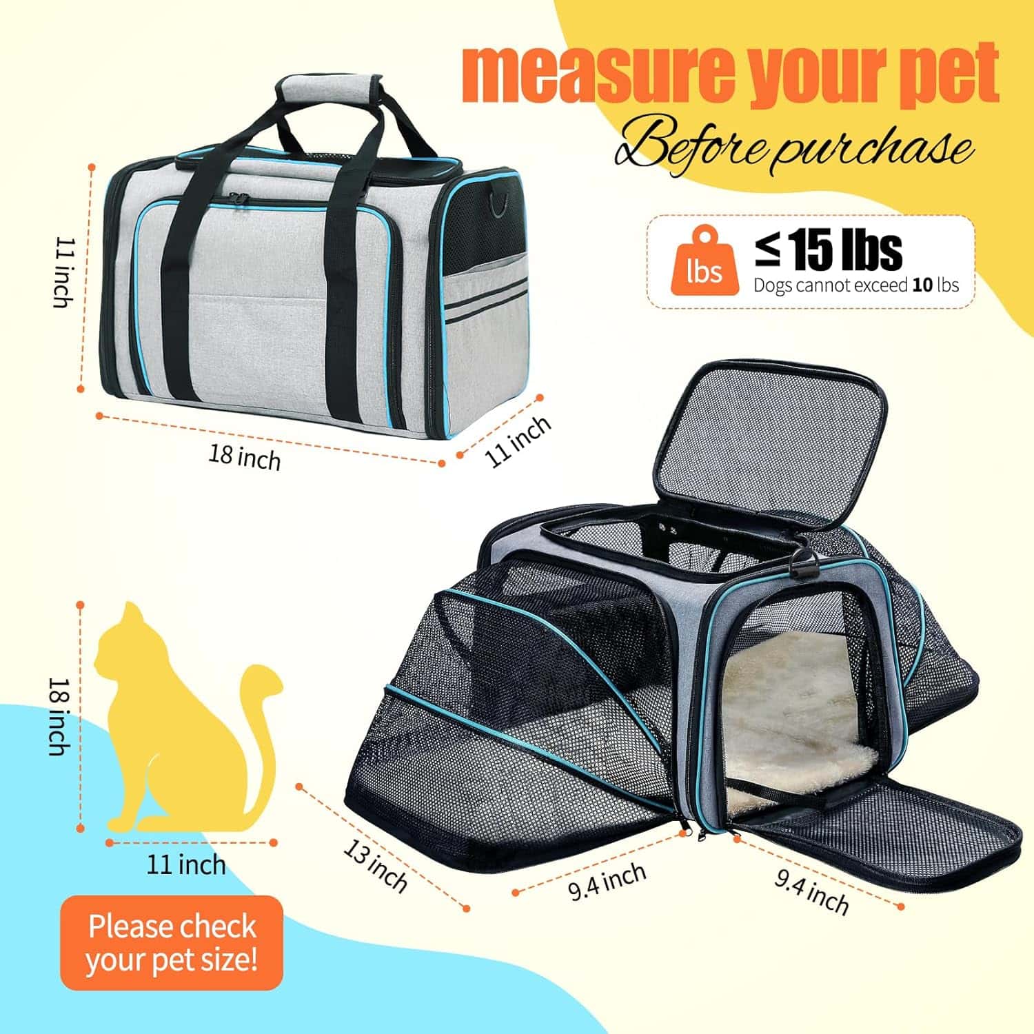 Bolso Transportador Expandible para Mascotas 45x27x27 Cm (Aprobado por Aerolíneas) - Imagen 4