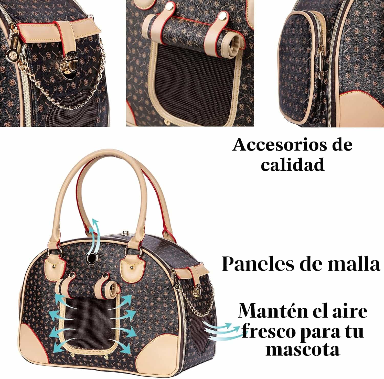 Bolso transportador de lujo en piel sintética para mascotas pequeñas, ideal para viajes en avión.
