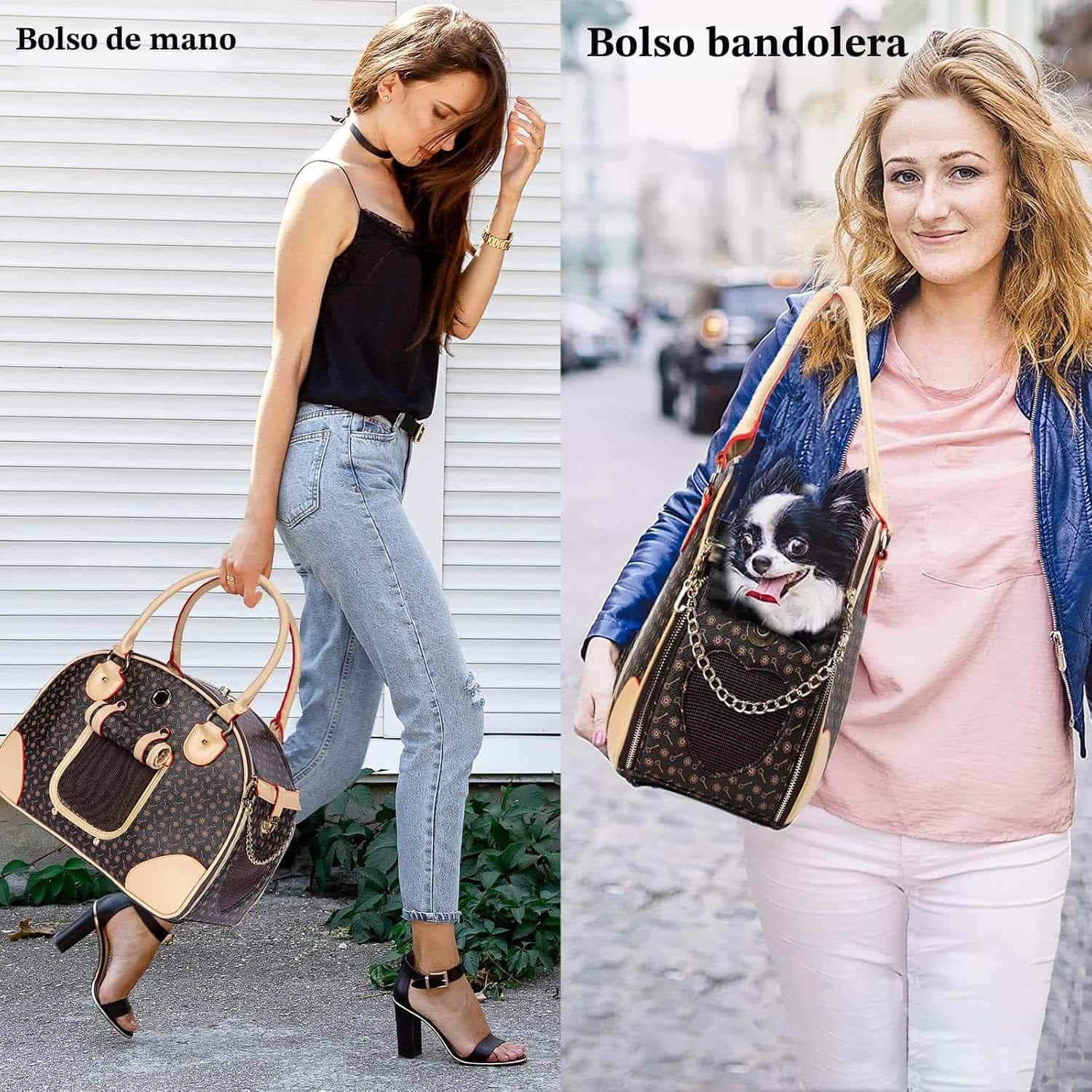 Bolso transportador de lujo en piel sintética para mascotas pequeñas, ideal para viajes en avión.