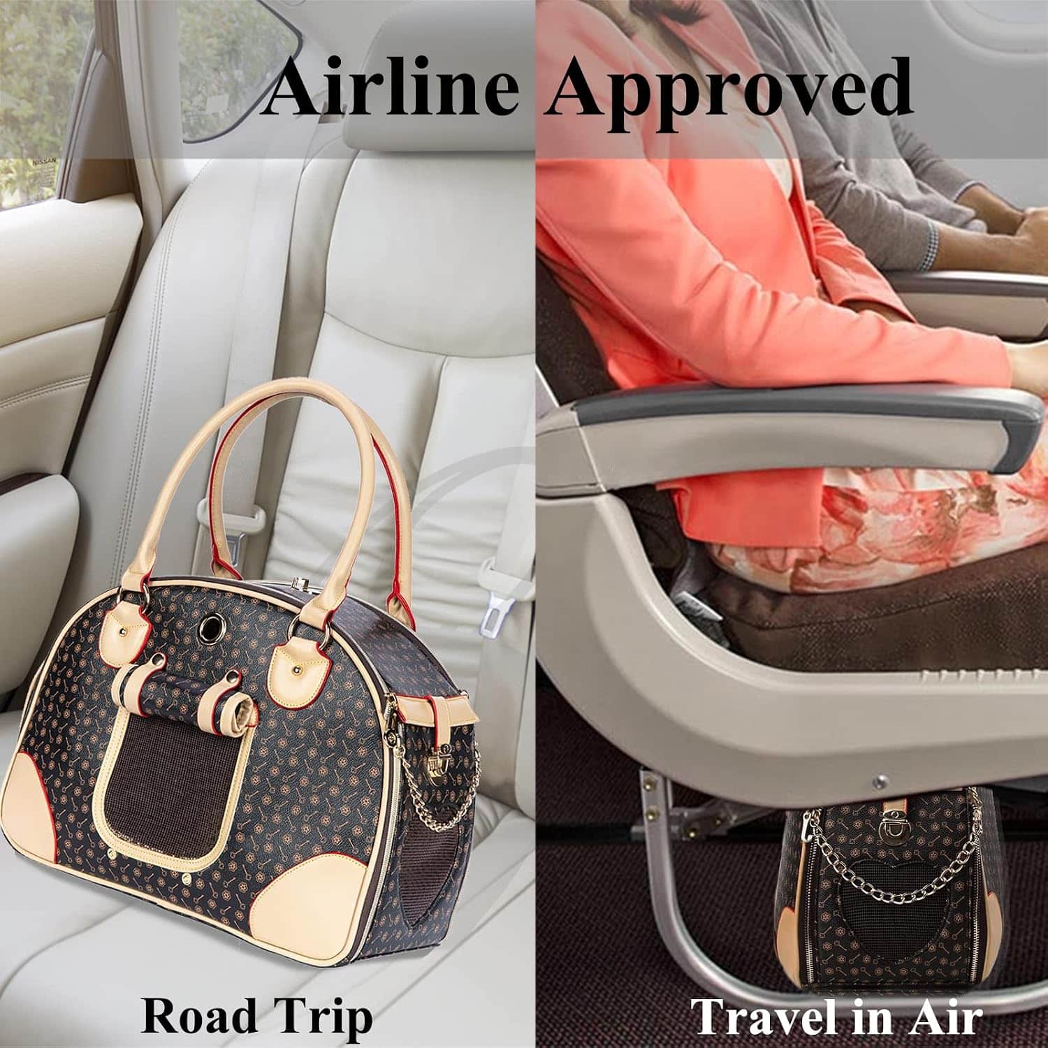 Bolso transportador de lujo en piel sintética para mascotas pequeñas, ideal para viajes en avión.