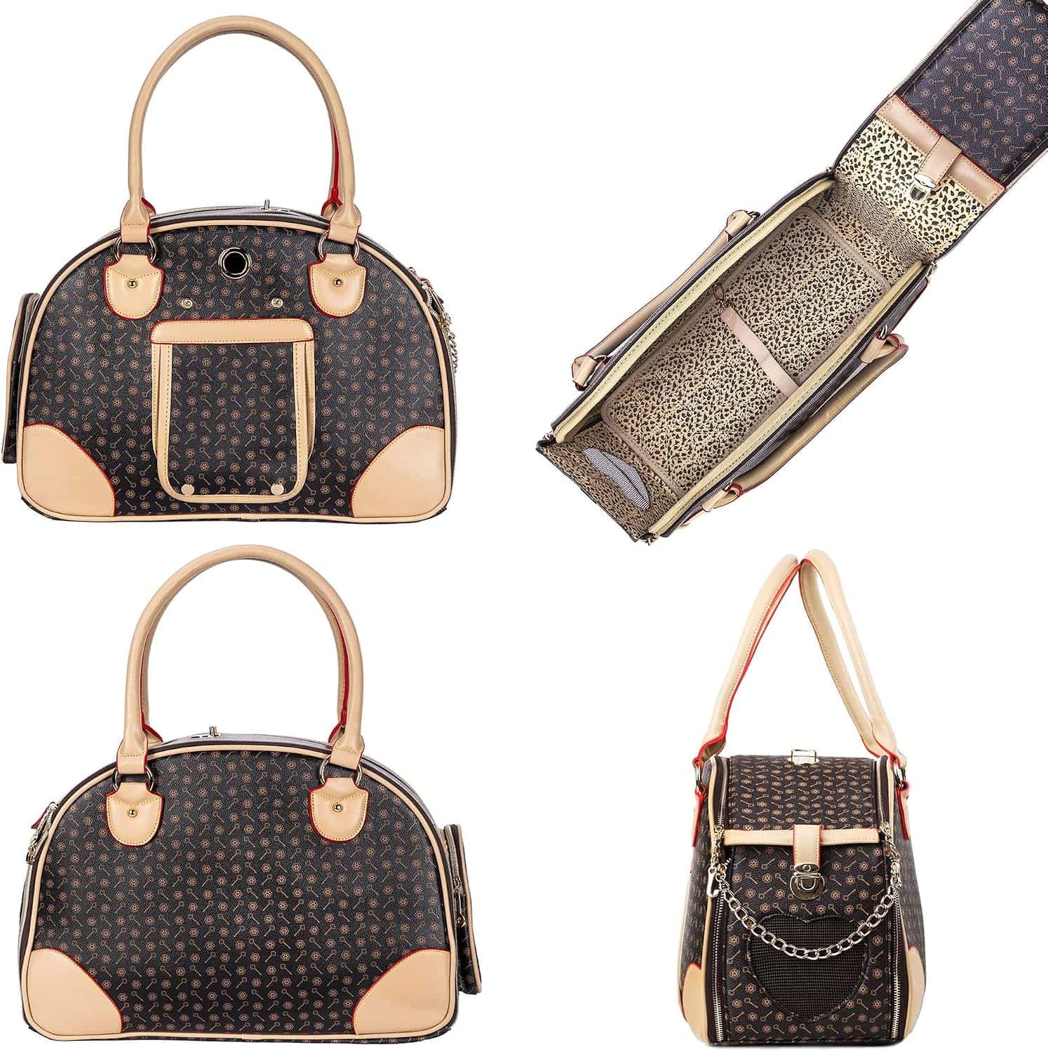 Bolso transportador de lujo en piel sintética para mascotas pequeñas, ideal para viajes en avión.