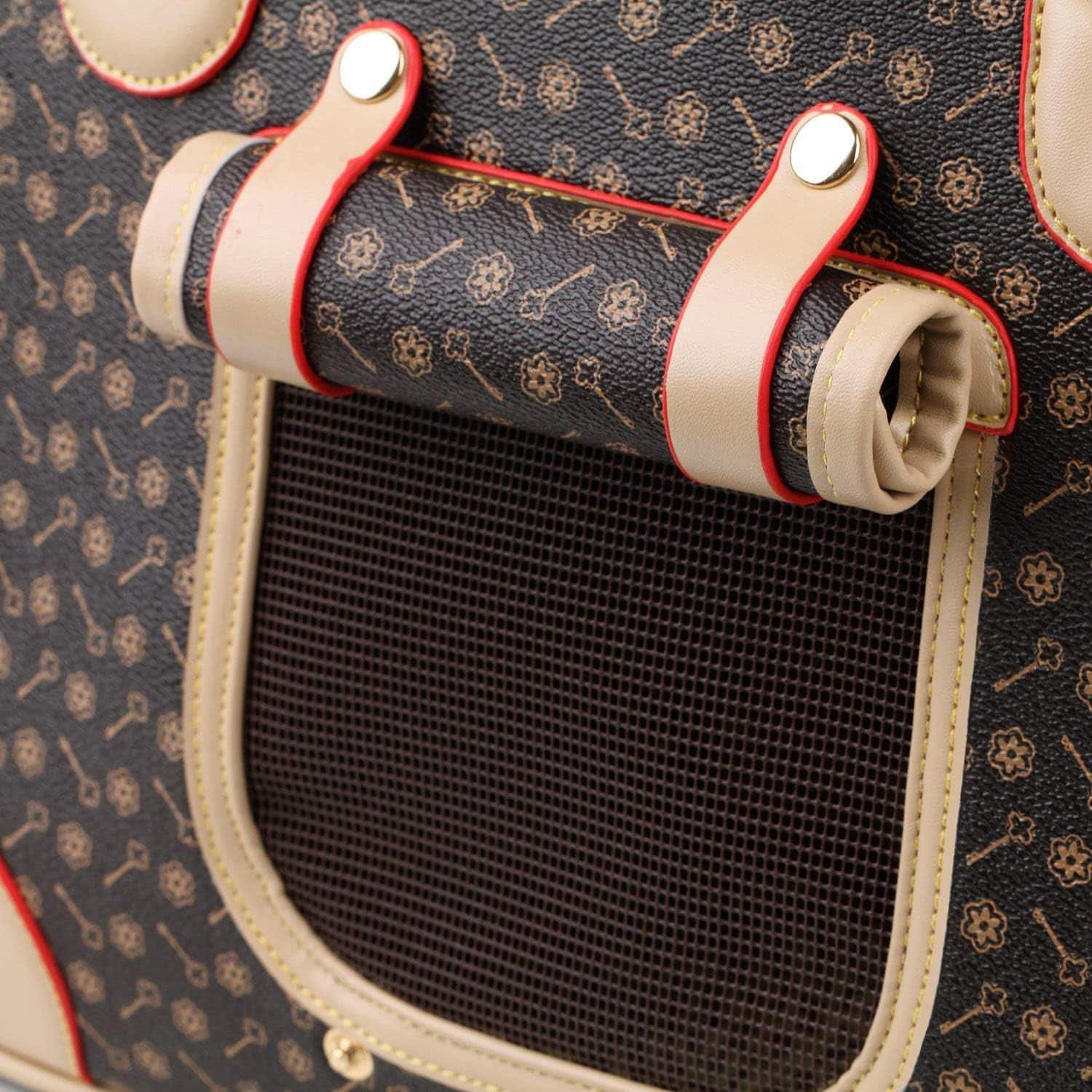 Bolso transportador de lujo en piel sintética para mascotas pequeñas, ideal para viajes en avión.