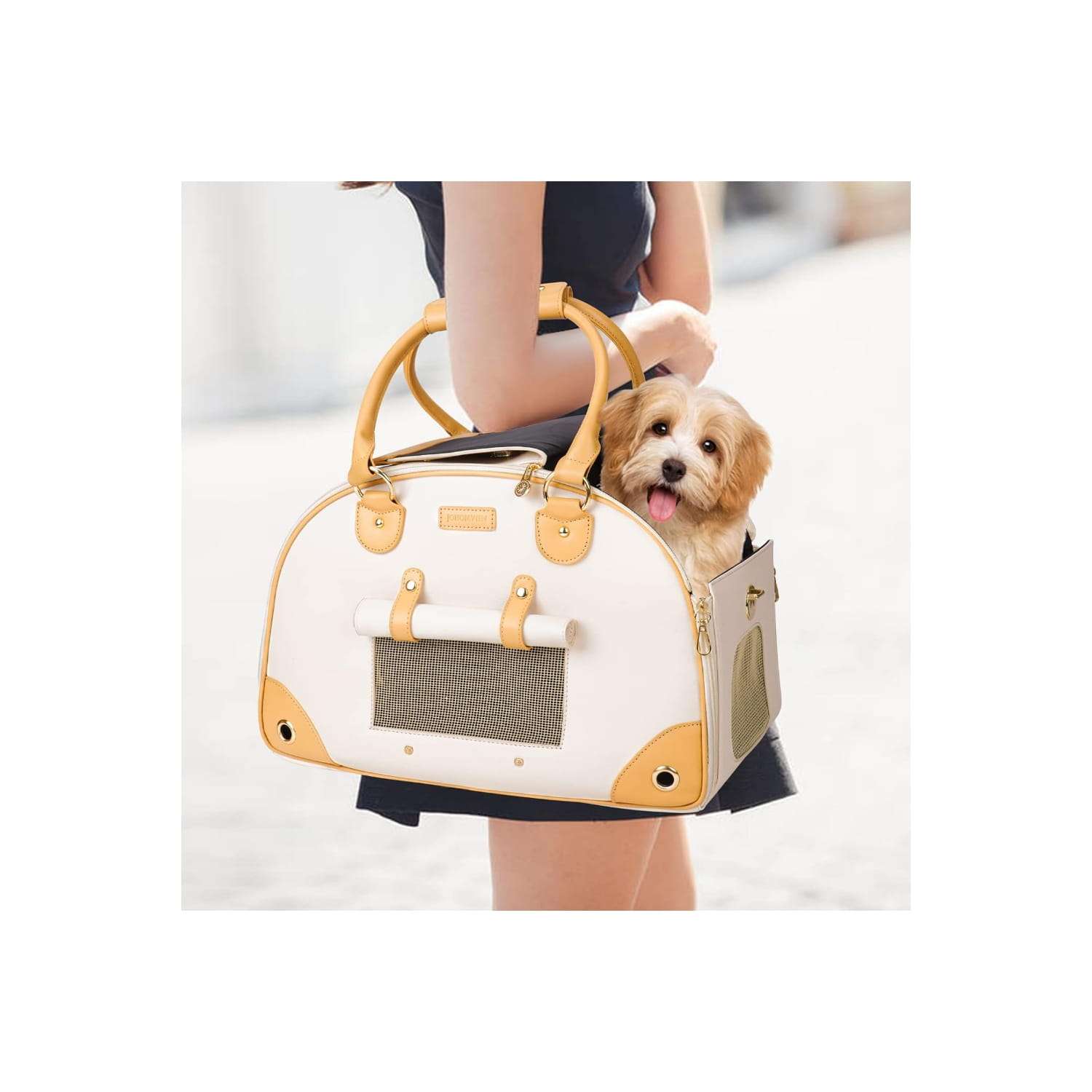 Bolso transportador de piel sintetica para mascotas con malla transpirable y bolsillos