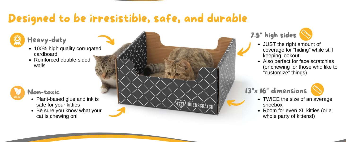 Caja rascadora de cartón para gatos con bordes festoneados y materiales ecológicos.