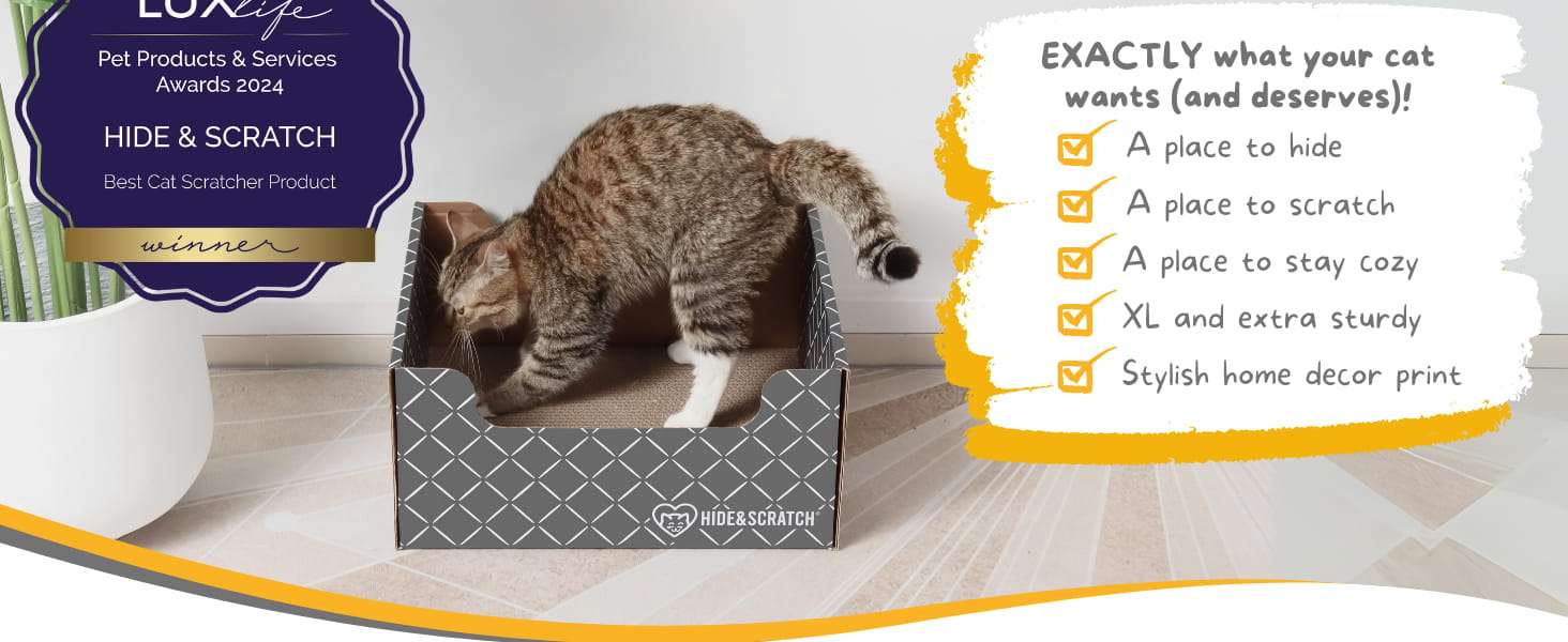 Caja rascadora de cartón para gatos con bordes festoneados y materiales ecológicos.