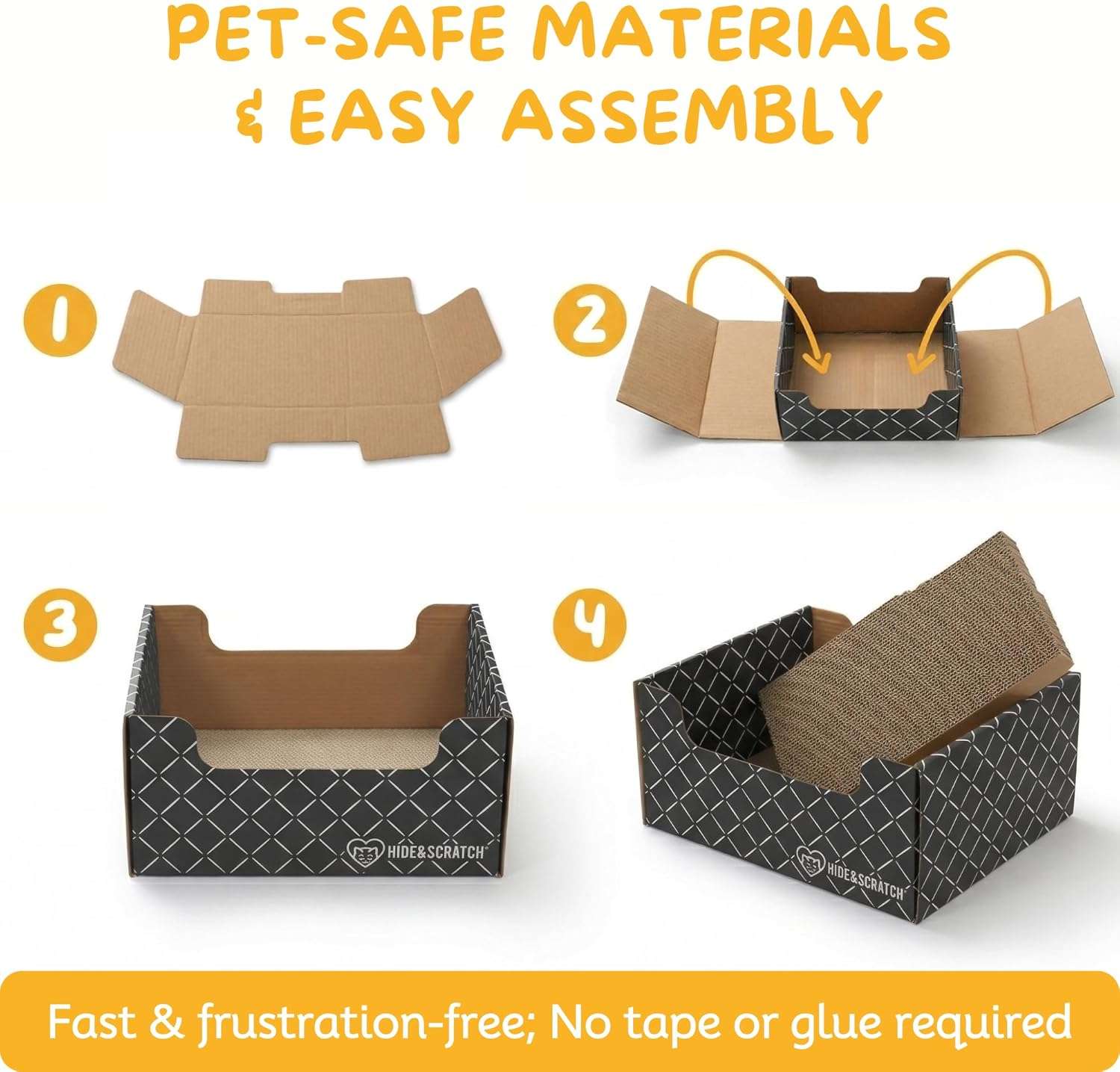 Caja rascadora de cartón para gatos con bordes festoneados y materiales ecológicos.