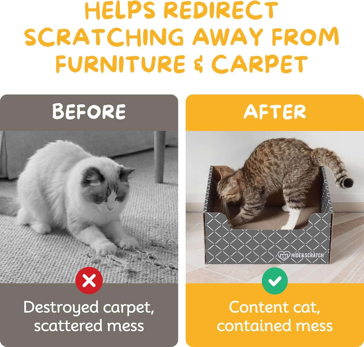 Caja rascadora de cartón para gatos con bordes festoneados y materiales ecológicos.