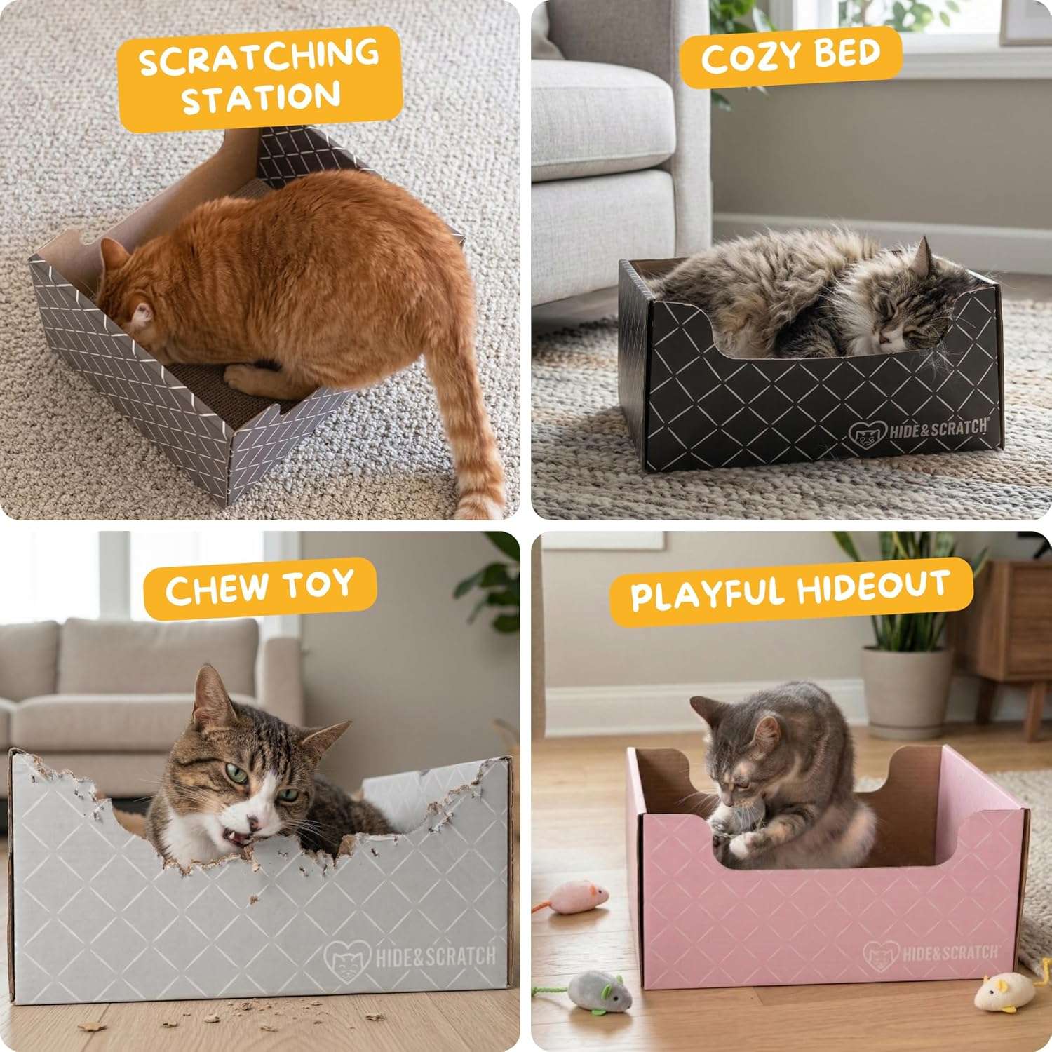 Caja rascadora de cartón para gatos con bordes festoneados y materiales ecológicos.