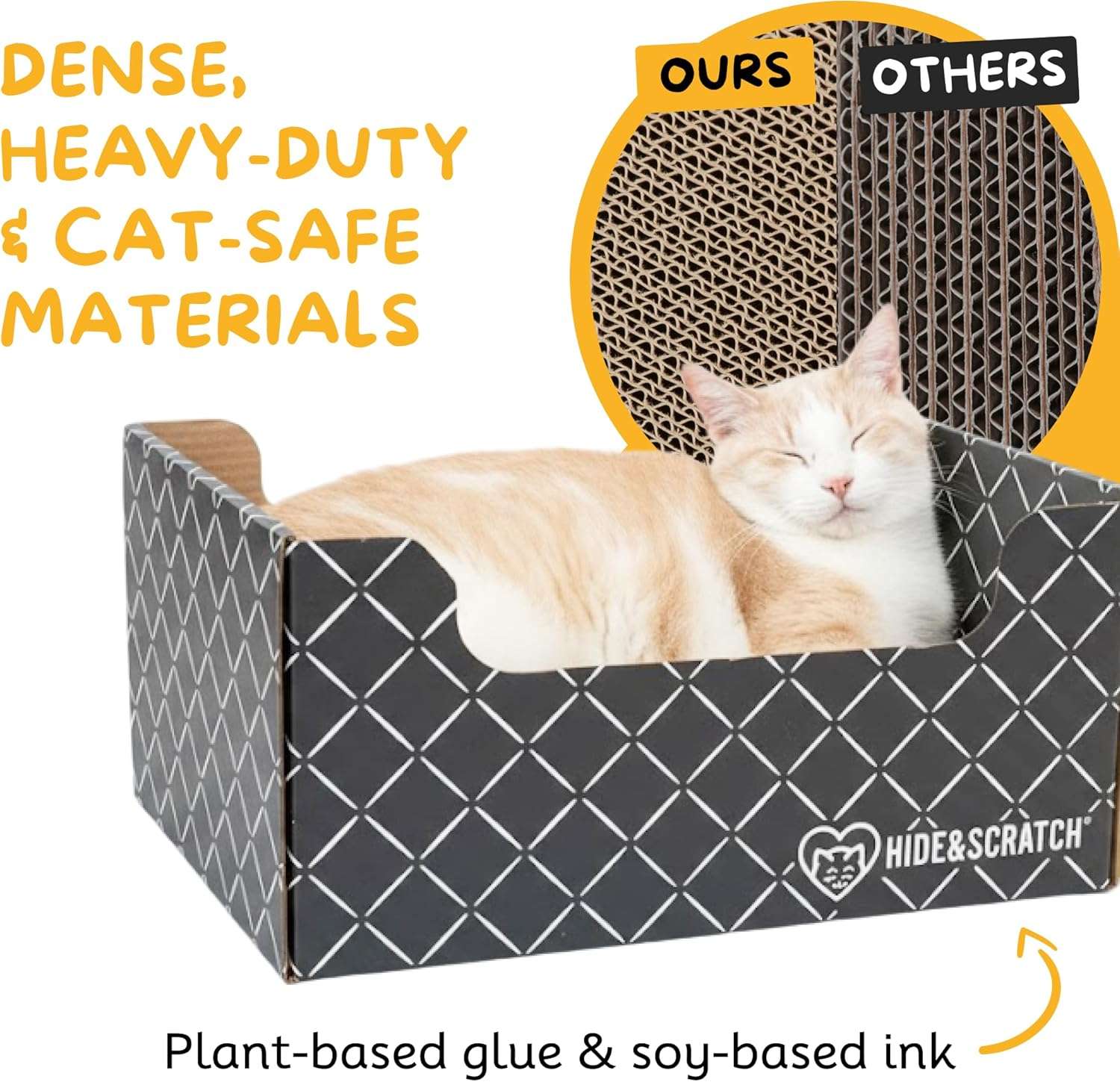 Caja rascadora de cartón para gatos con bordes festoneados y materiales ecológicos.