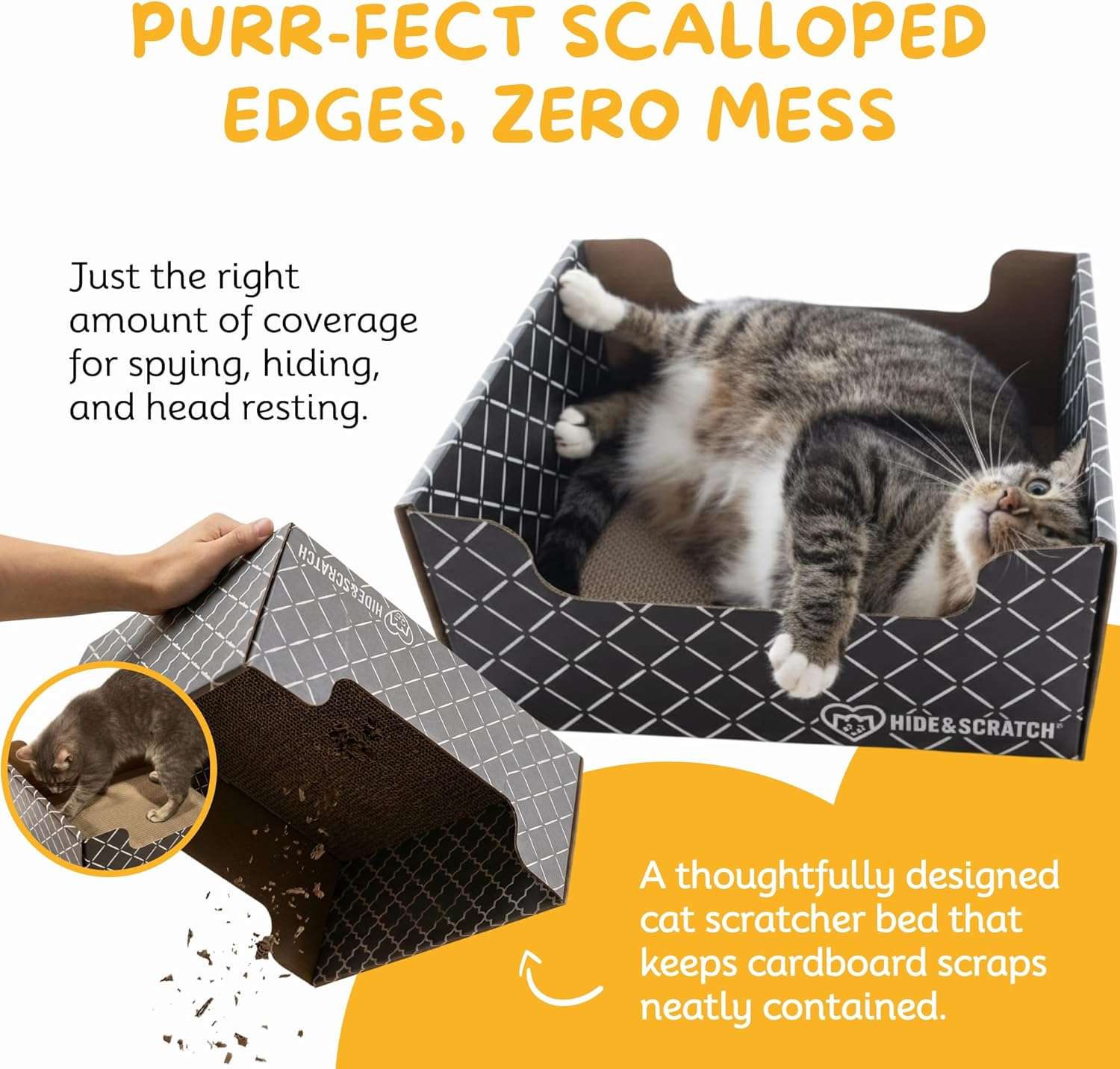 Caja rascadora de cartón para gatos con bordes festoneados y materiales ecológicos.