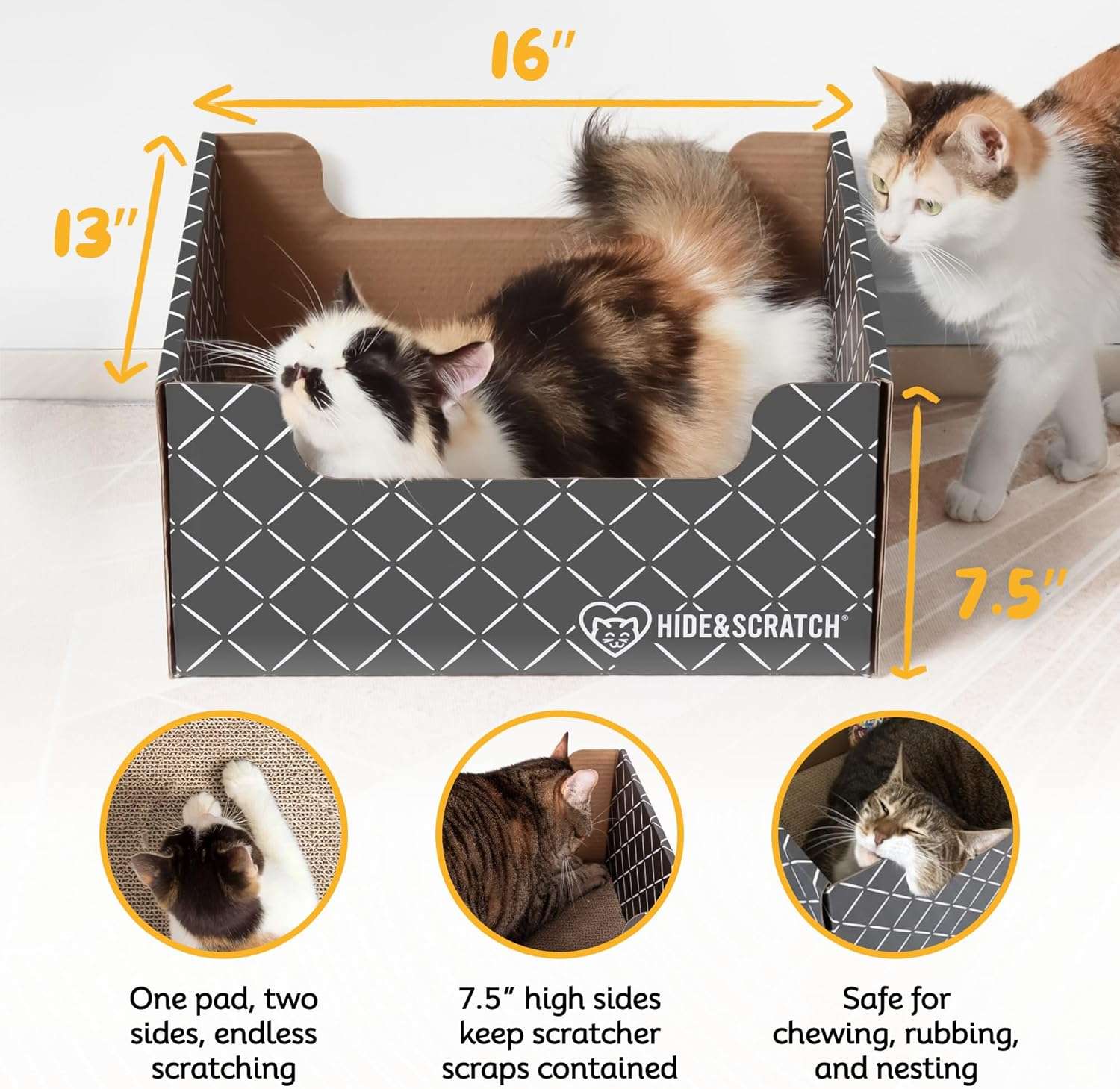 Caja rascadora de cartón para gatos con bordes festoneados y materiales ecológicos.