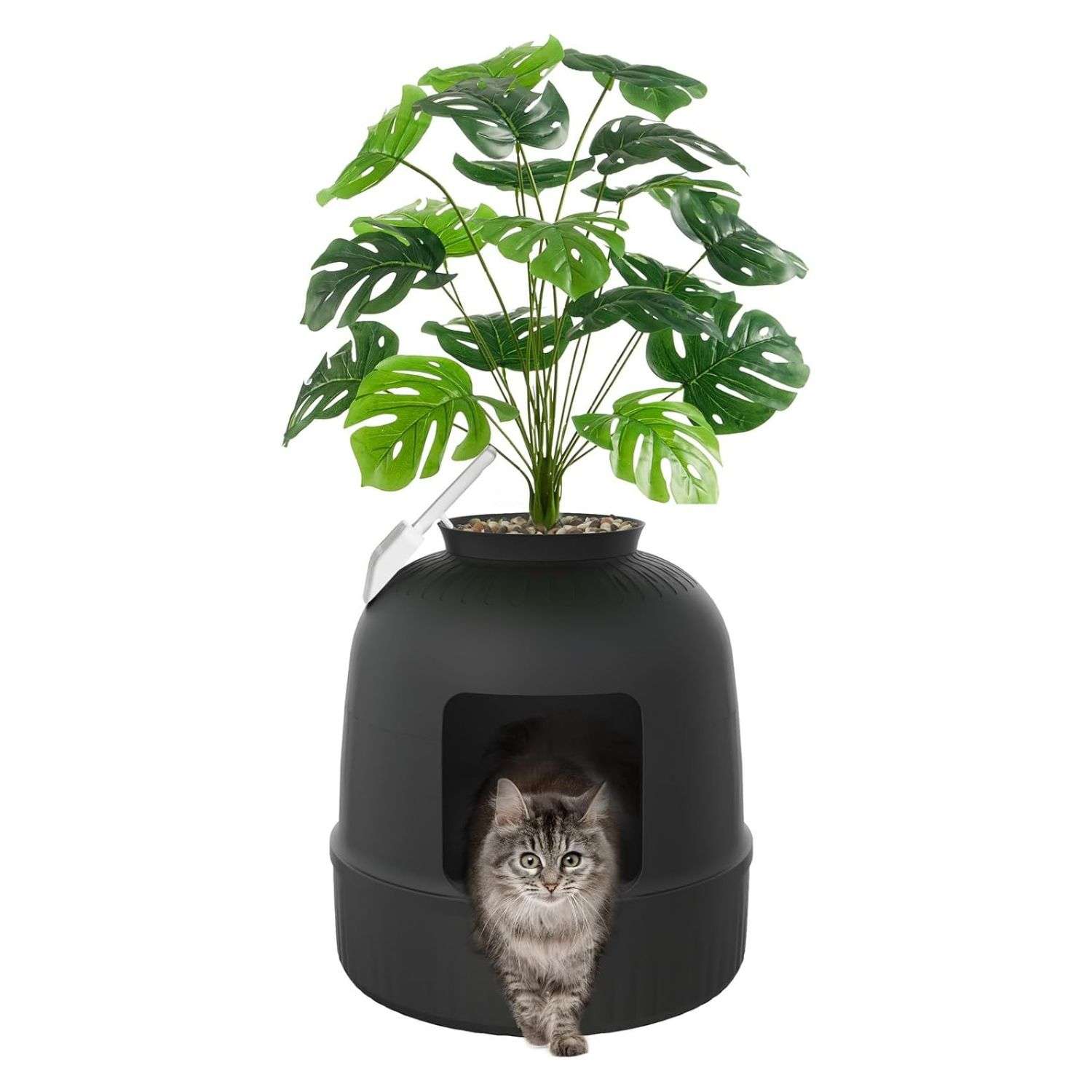 caja de arena oculta para gatos con diseño de maceta y planta artificial, filtro de olores y pala incluida