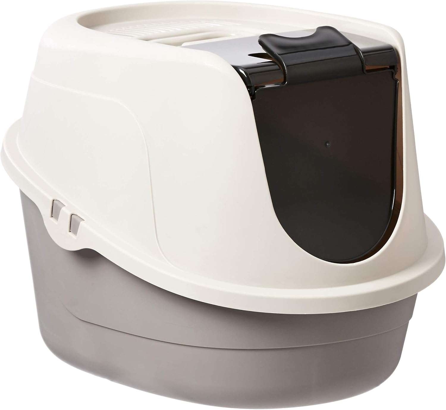 caja de arena cerrada con capucha para gatos en color multicolor con puerta oscilante y filtro de olores