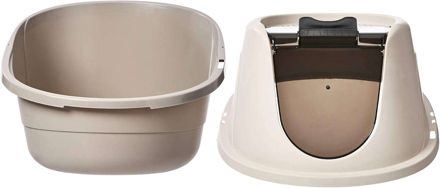 caja de arena cerrada con capucha para gatos en color multicolor con puerta oscilante y filtro de olores