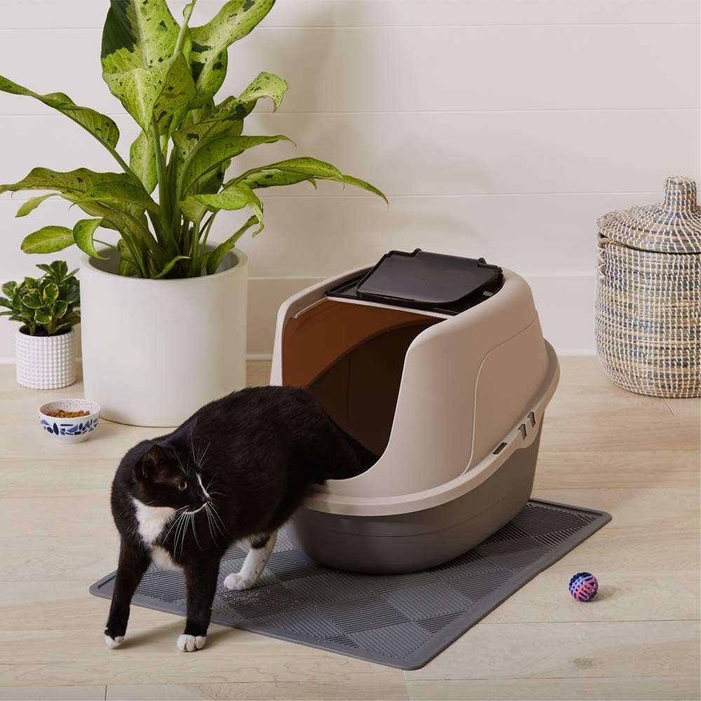 caja de arena cerrada con capucha para gatos en color multicolor con puerta oscilante y filtro de olores