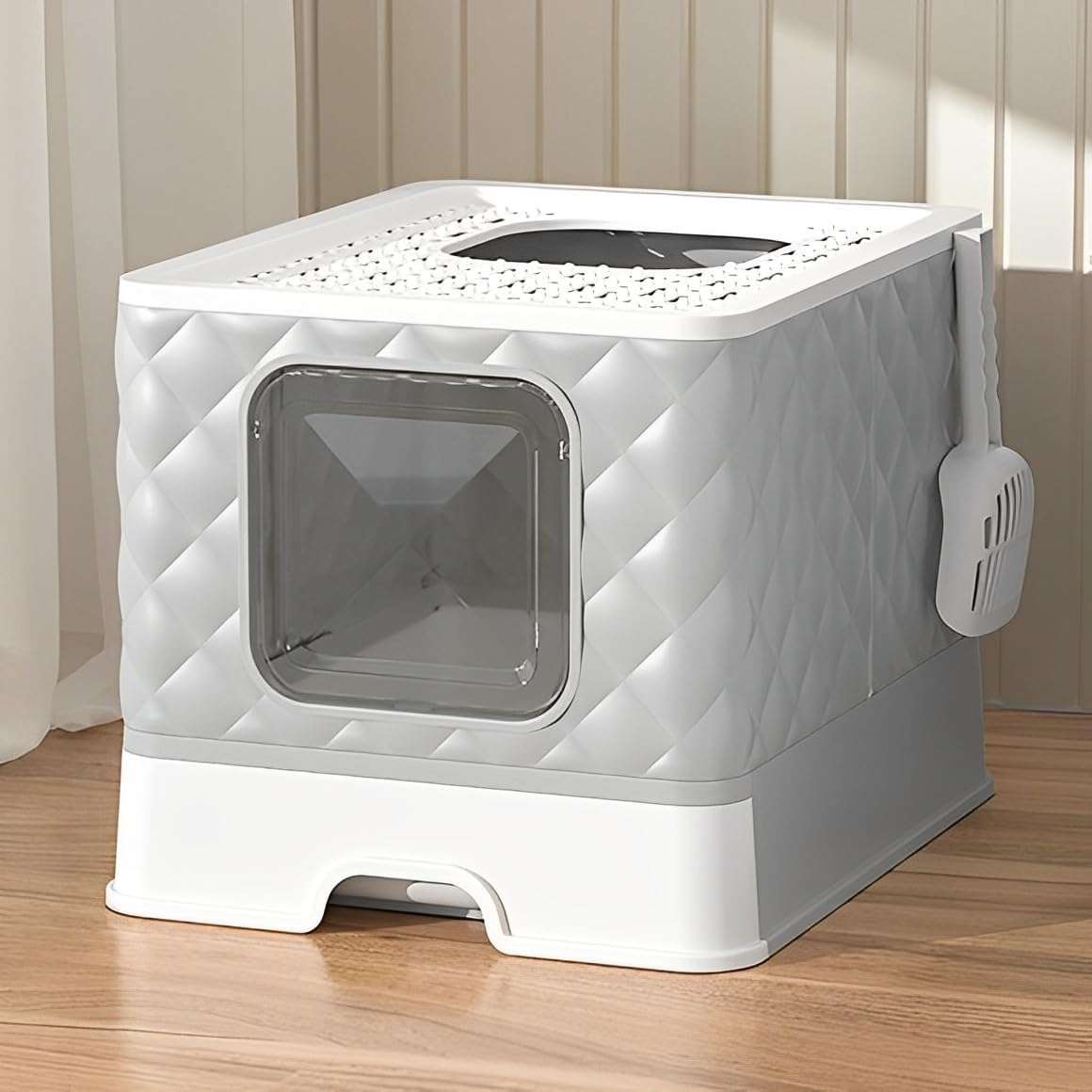 caja de arena cerrada y plegable para gatos con cajón extraíble, salida superior y pala con soporte