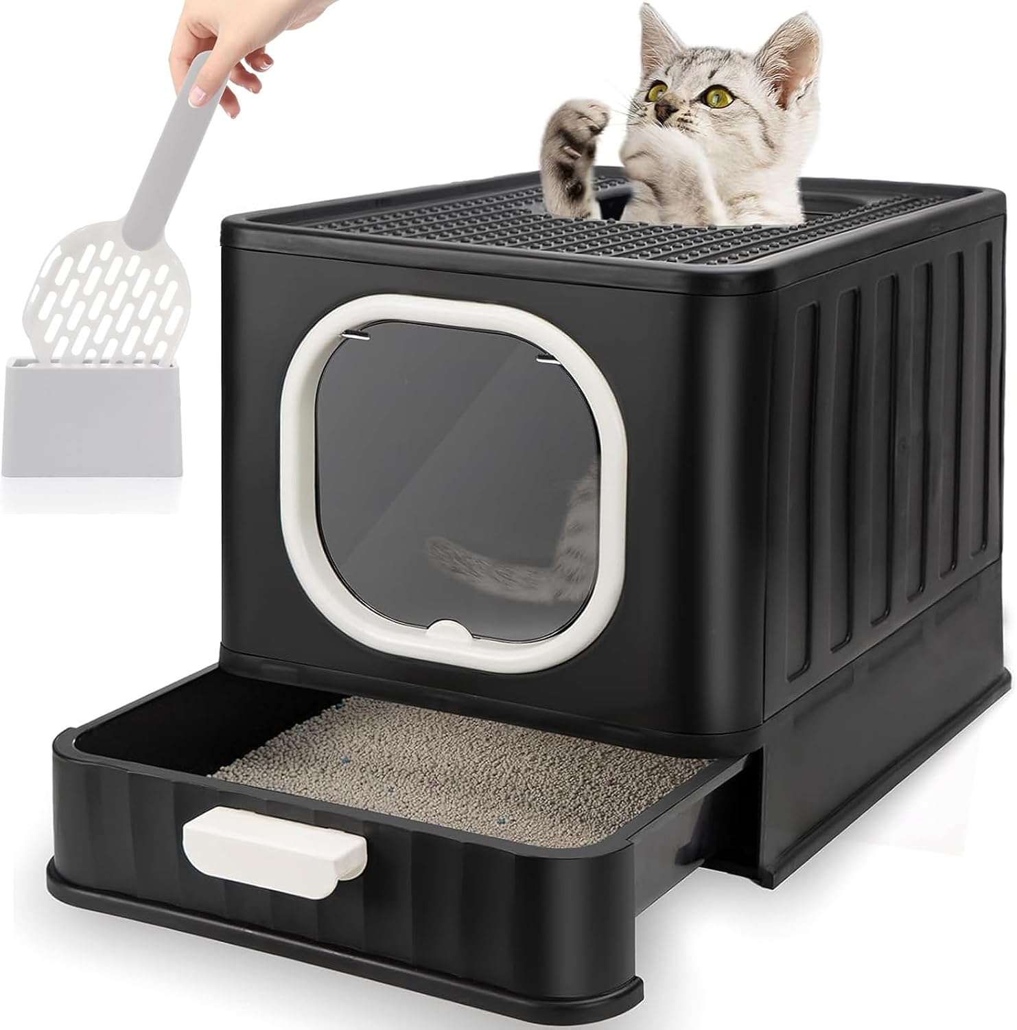 caja de arena cerrada y plegable para gatos con cajón extraíble, salida superior y pala con soporte